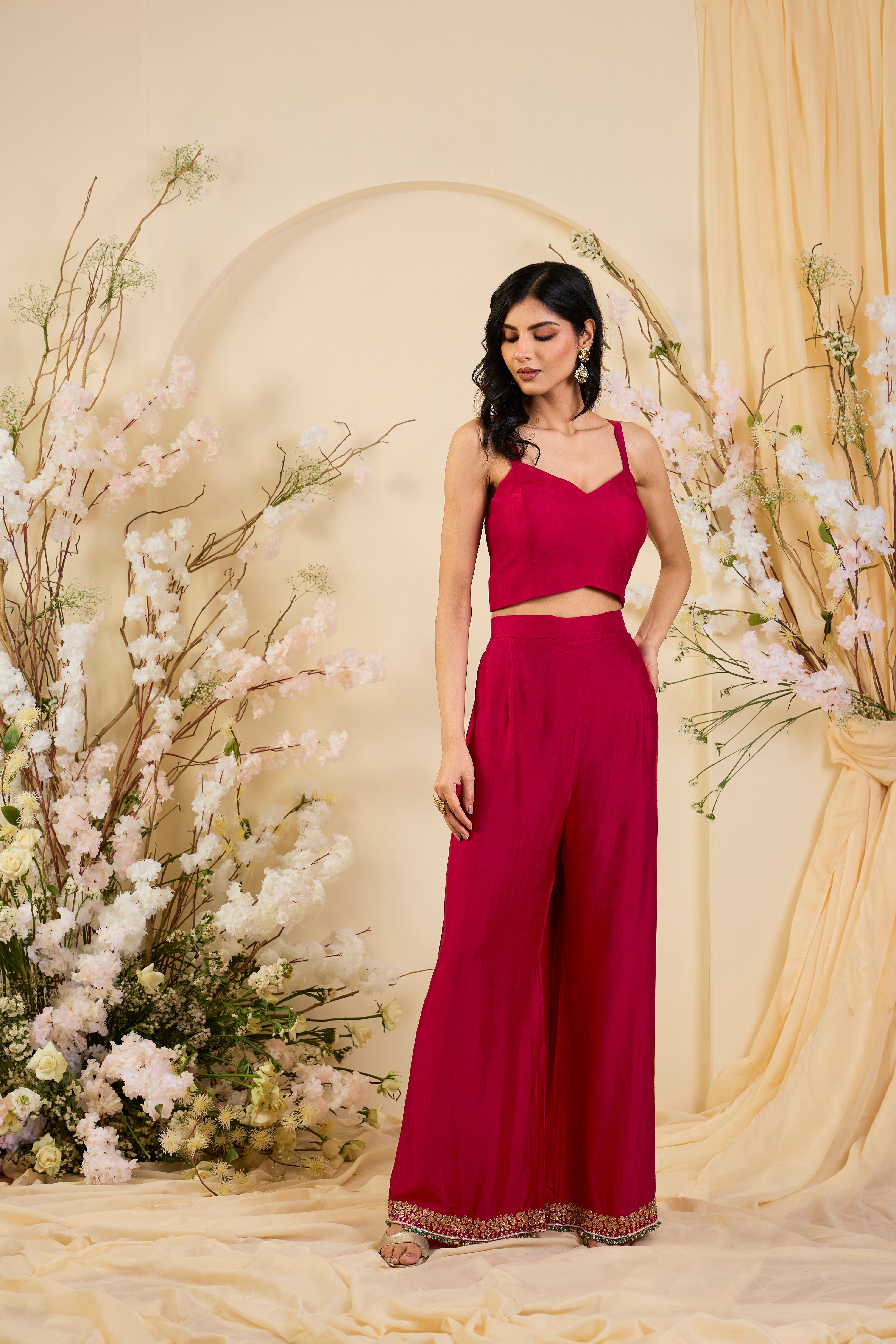 Crimson Embroidered Jacket Set with Ornate Zari Detailing & Fluid Palazzo Silhouette