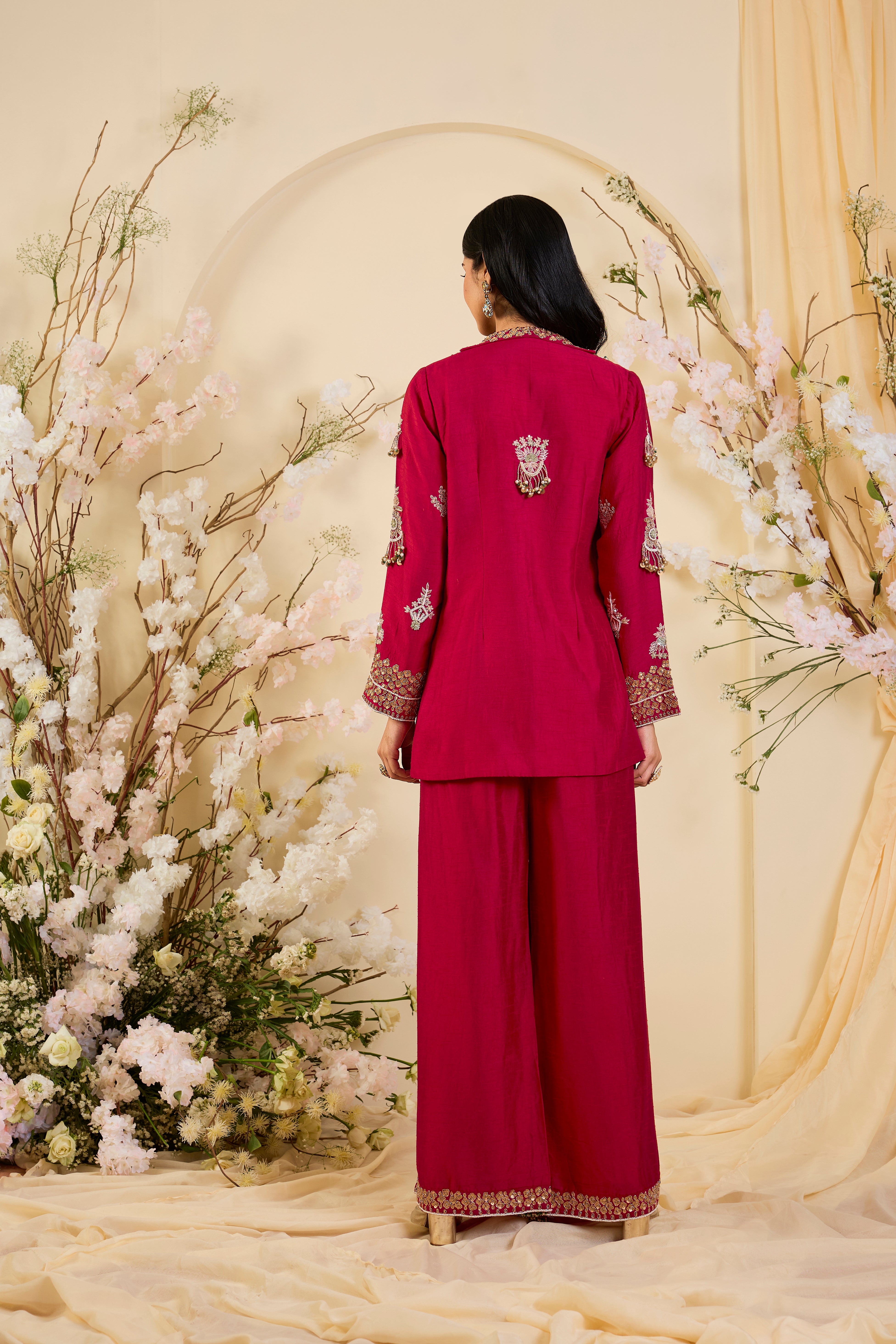 Crimson Embroidered Jacket Set with Ornate Zari Detailing & Fluid Palazzo Silhouette