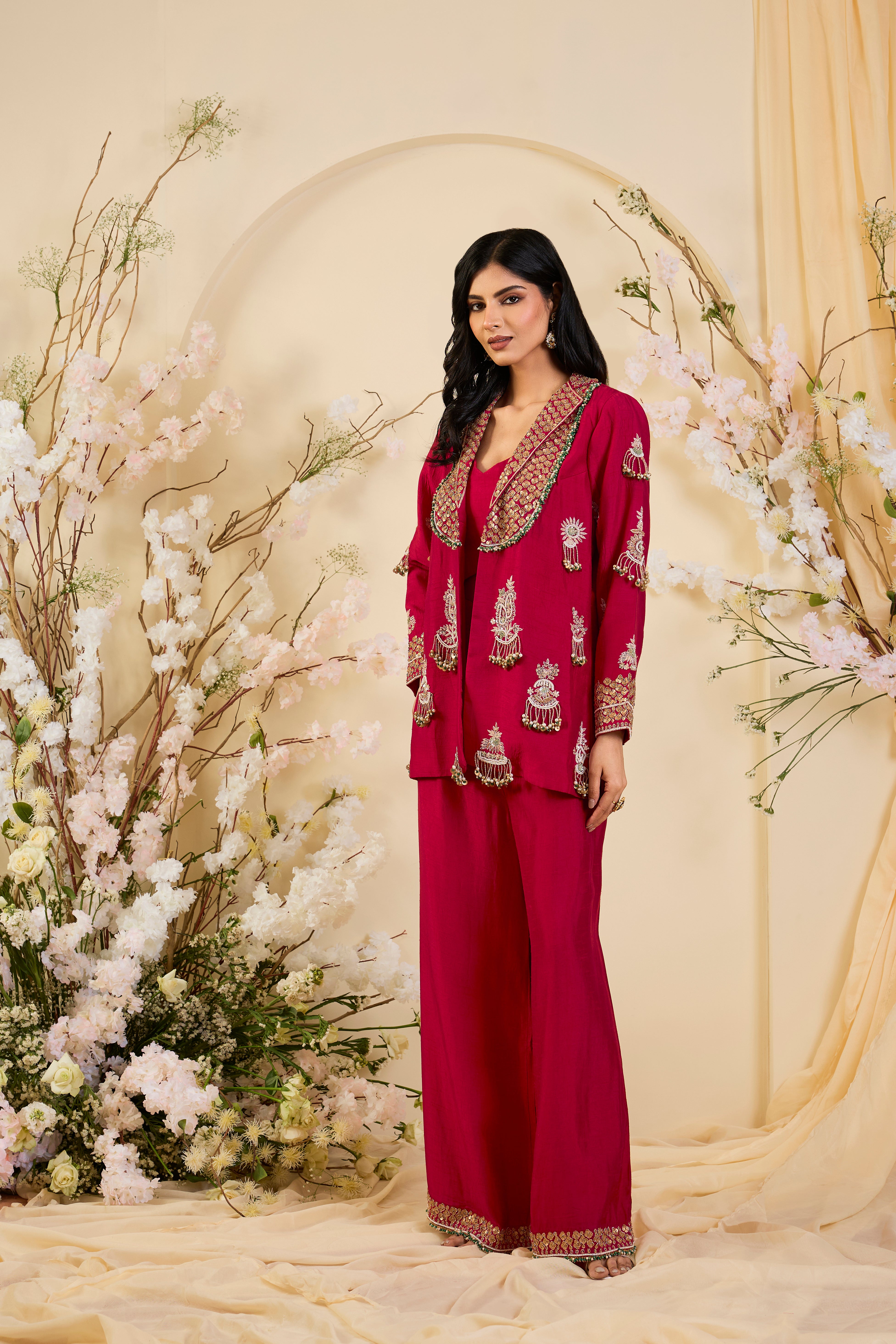 Crimson Embroidered Jacket Set with Ornate Zari Detailing & Fluid Palazzo Silhouette