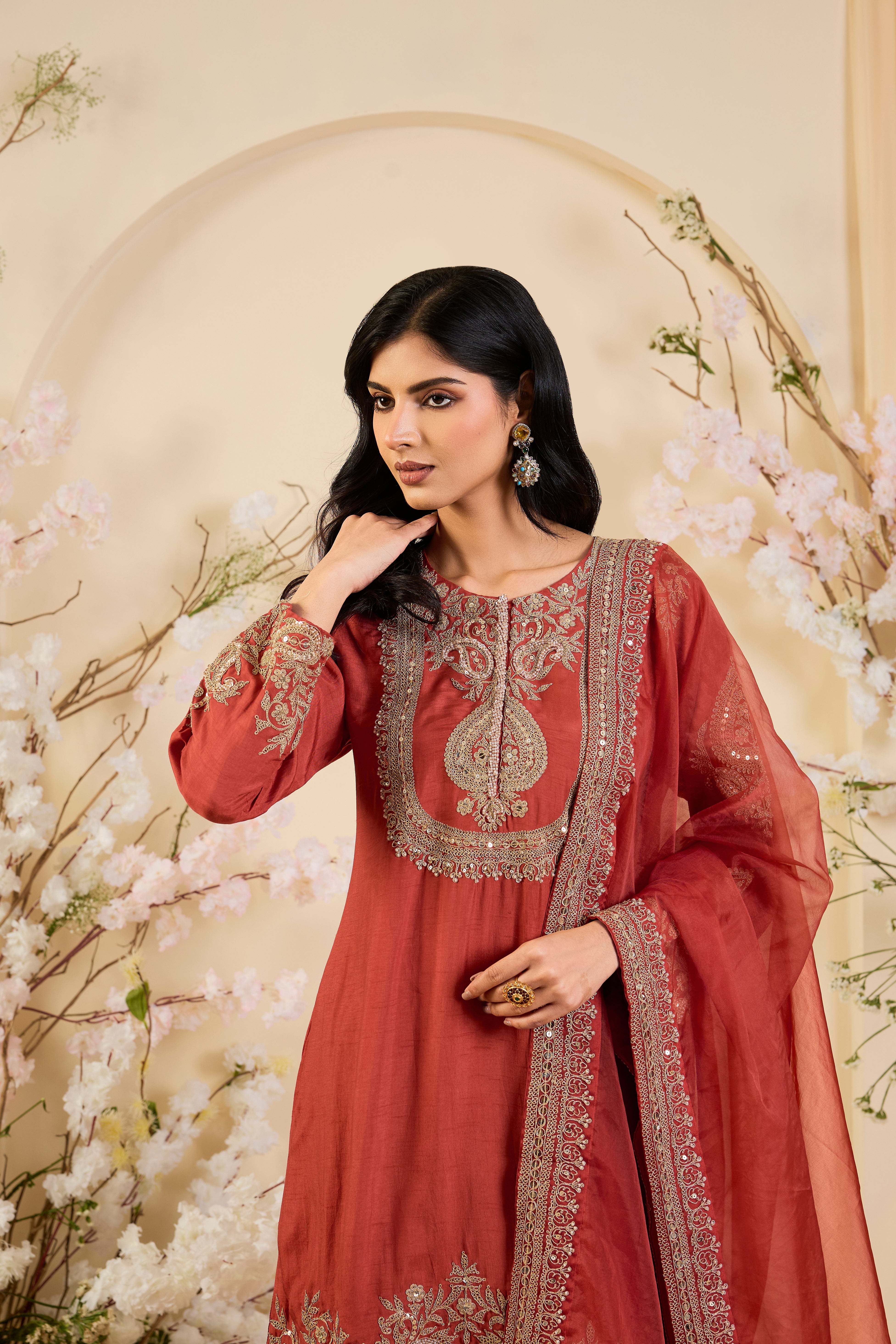 Rust Silk Kurta Set with Intricately Embroidered Zari Yoke & Ornate Organza Dupatta