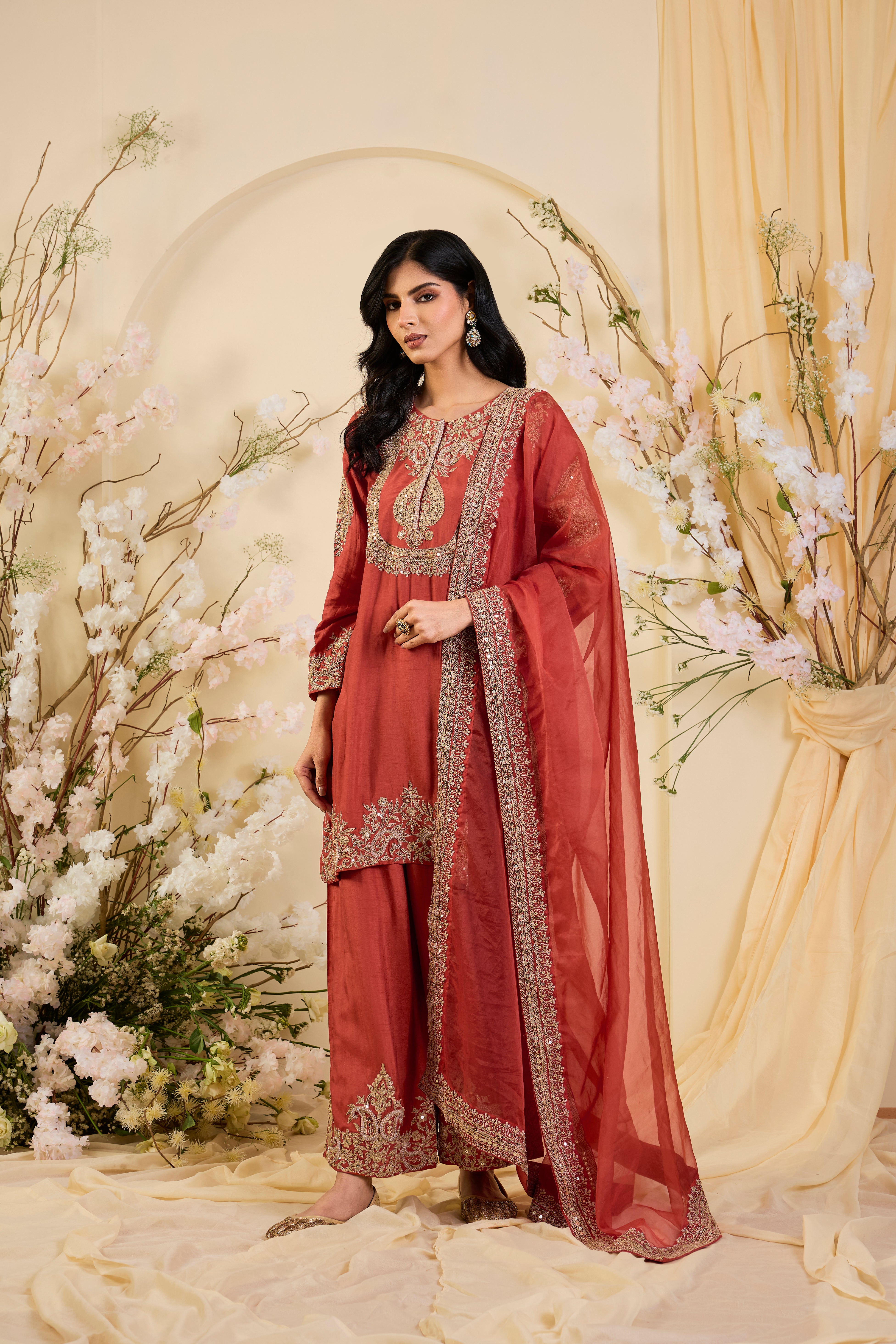 Rust Silk Kurta Set with Intricately Embroidered Zari Yoke & Ornate Organza Dupatta