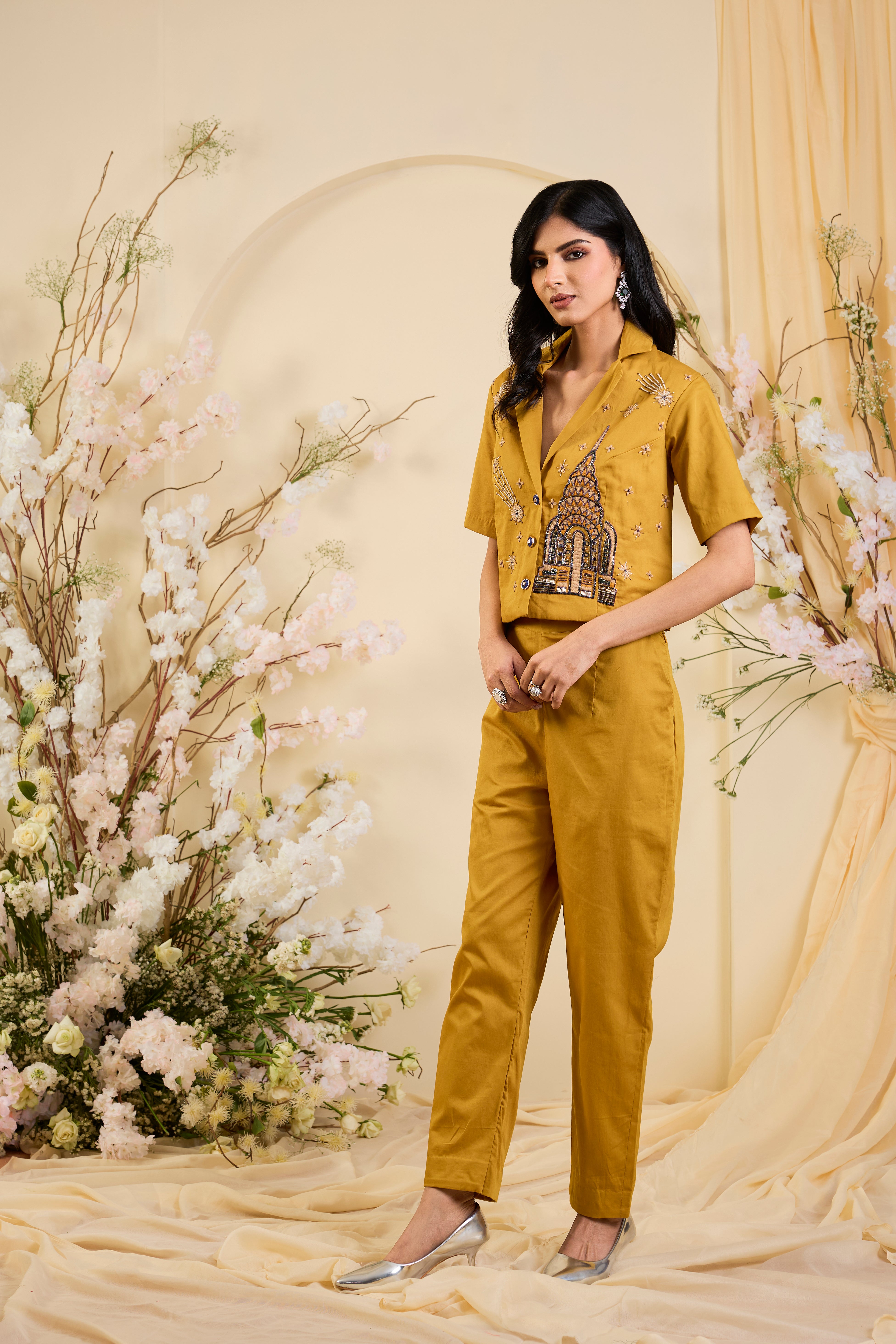 Sunlit Mustard Co-ord Set with Regal Dome Embroidery & Starburst Accents