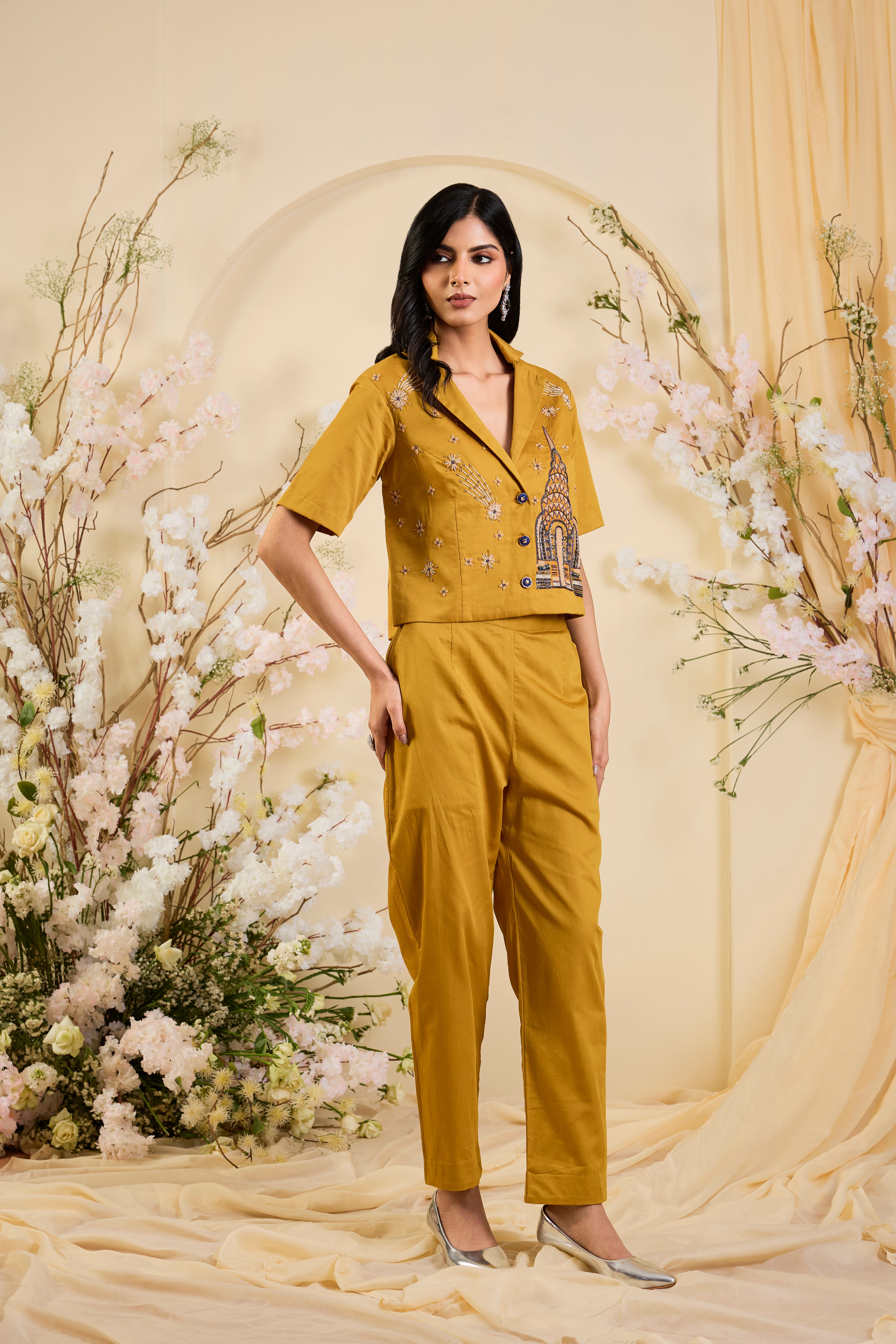 Sunlit Mustard Co-ord Set with Regal Dome Embroidery & Starburst Accents