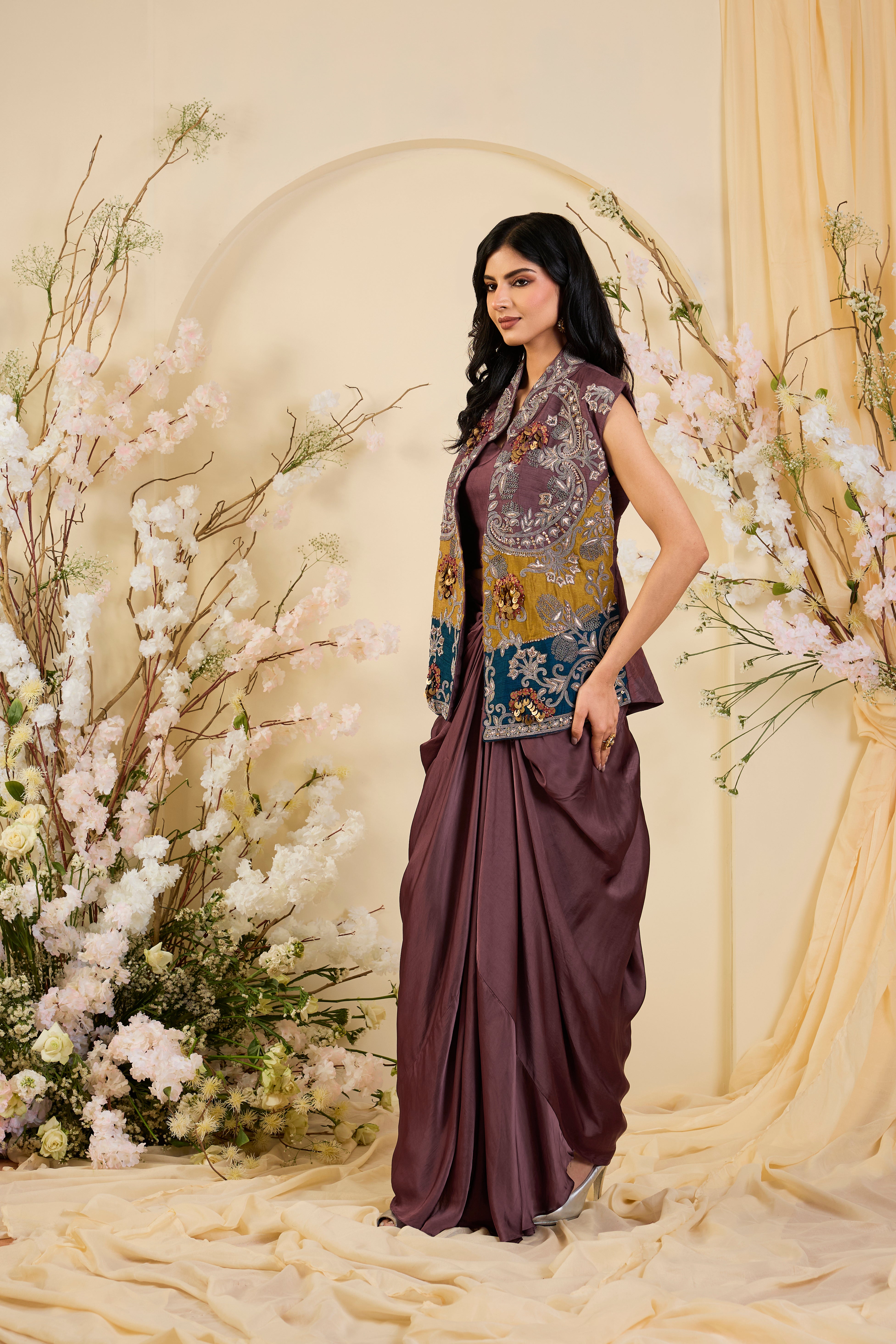 Draped Plum Ensemble with Antique Gold & Teal Embroidered Overlay