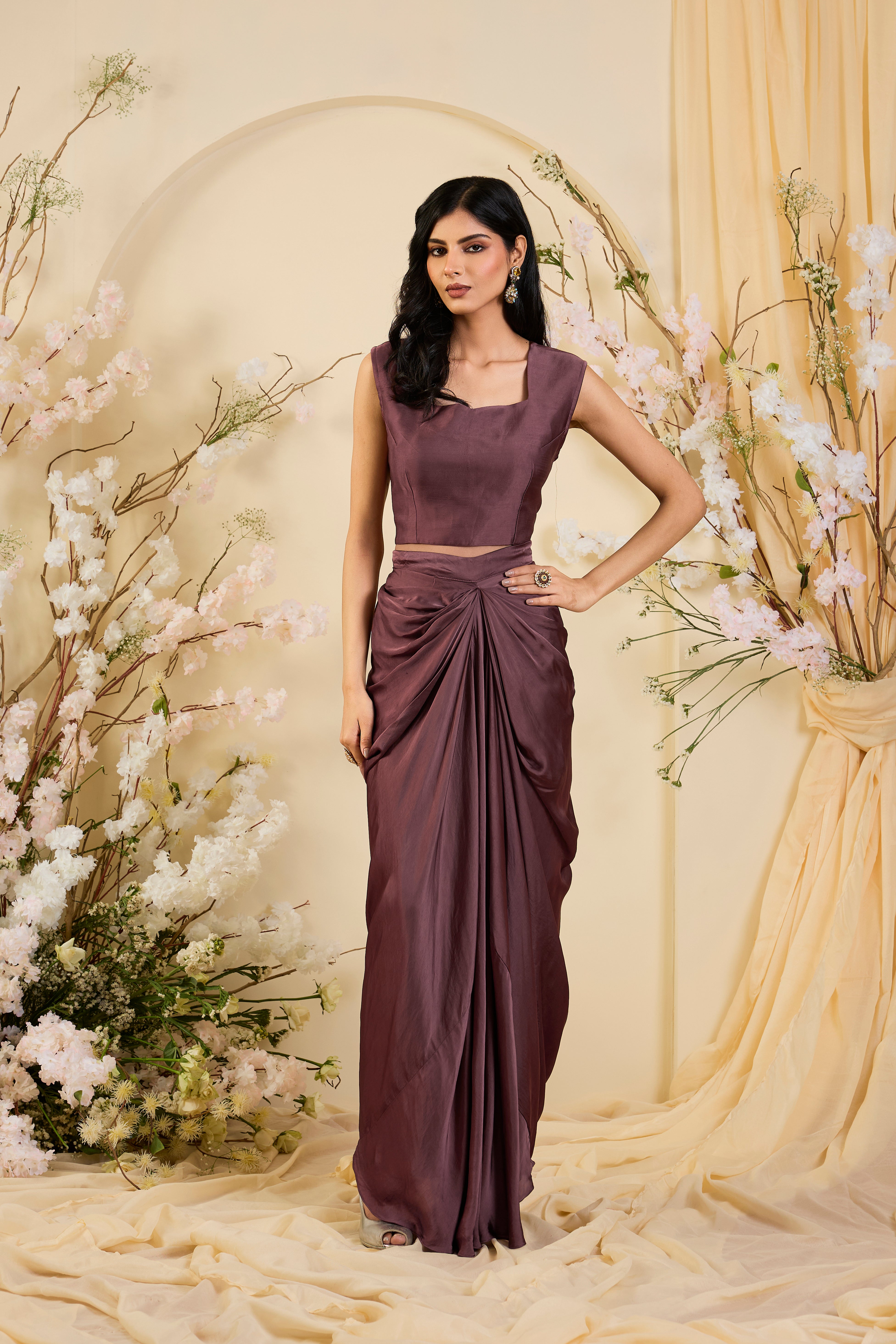 Draped Plum Ensemble with Antique Gold & Teal Embroidered Overlay