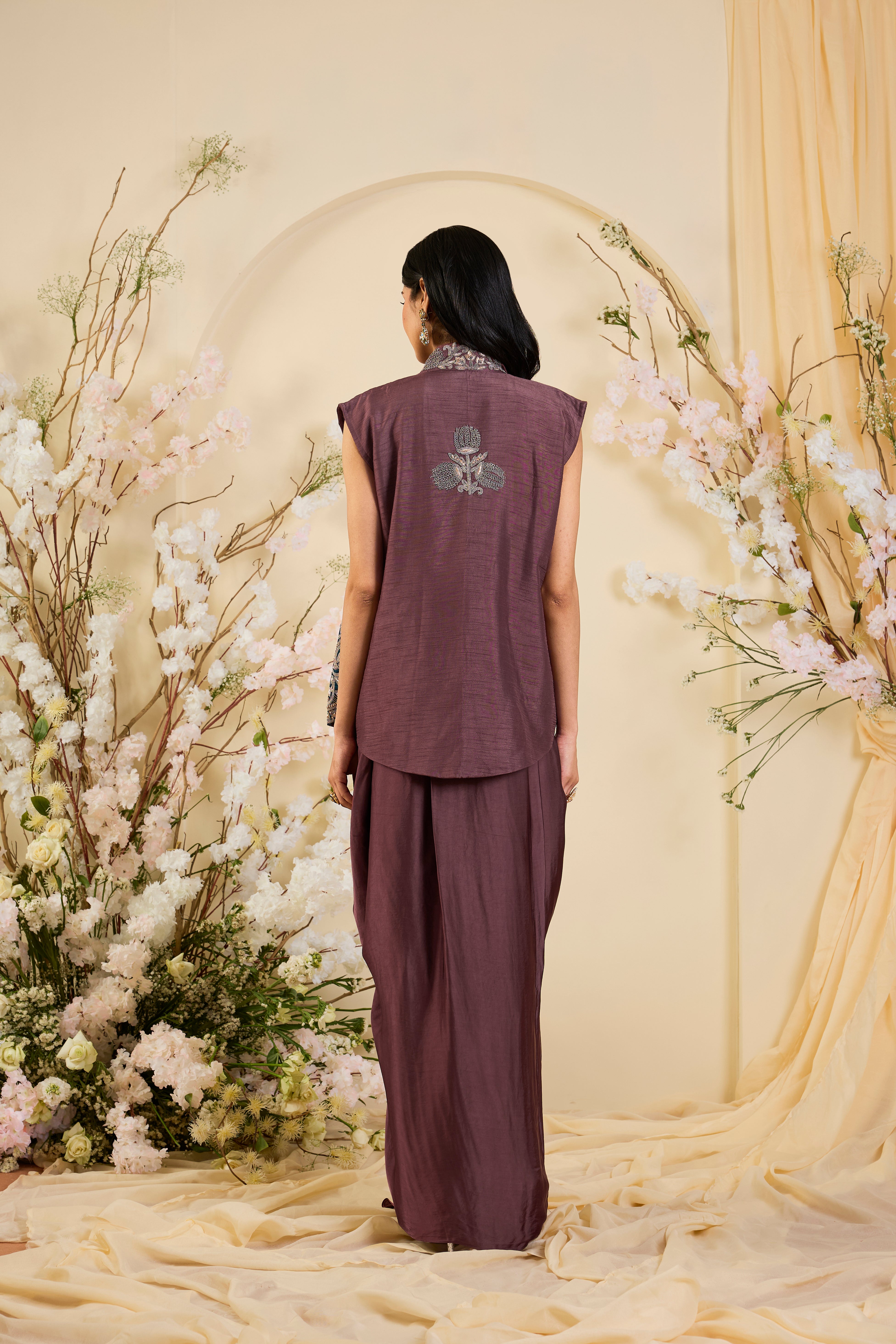 Draped Plum Ensemble with Antique Gold & Teal Embroidered Overlay