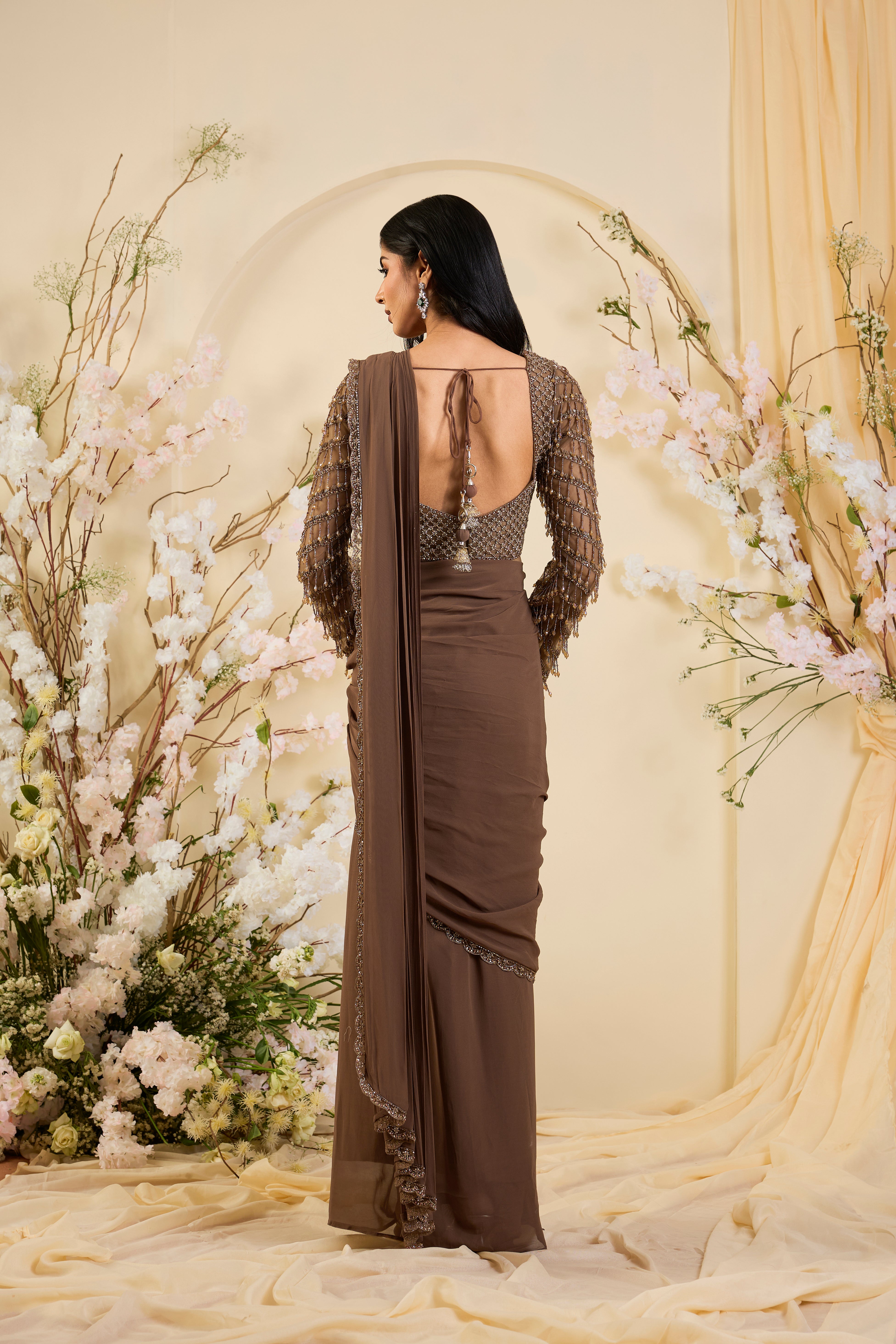 Mocha Drape: A Vision of Liquid Glamour & Sculpted Elegance
