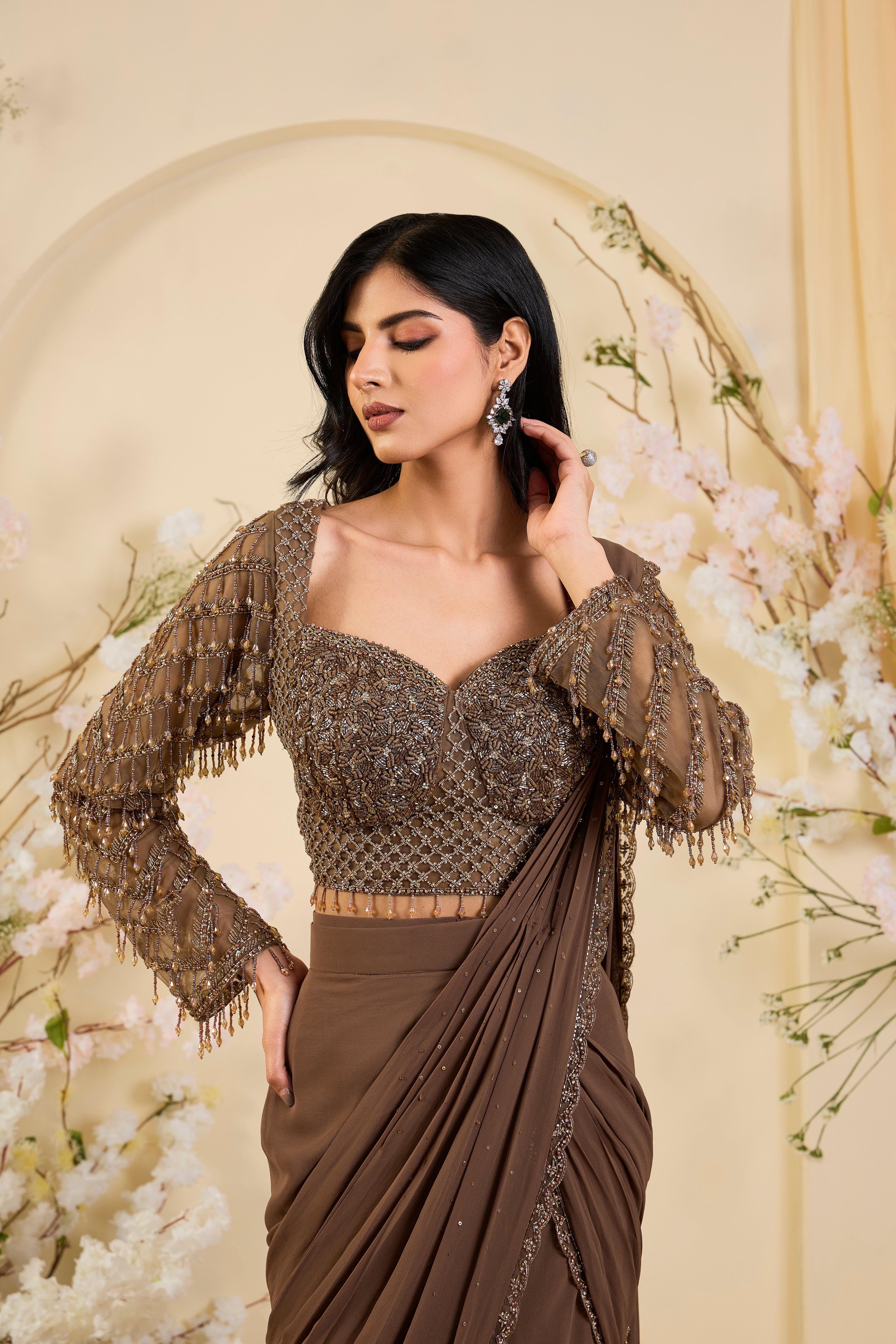 Mocha Drape: A Vision of Liquid Glamour & Sculpted Elegance