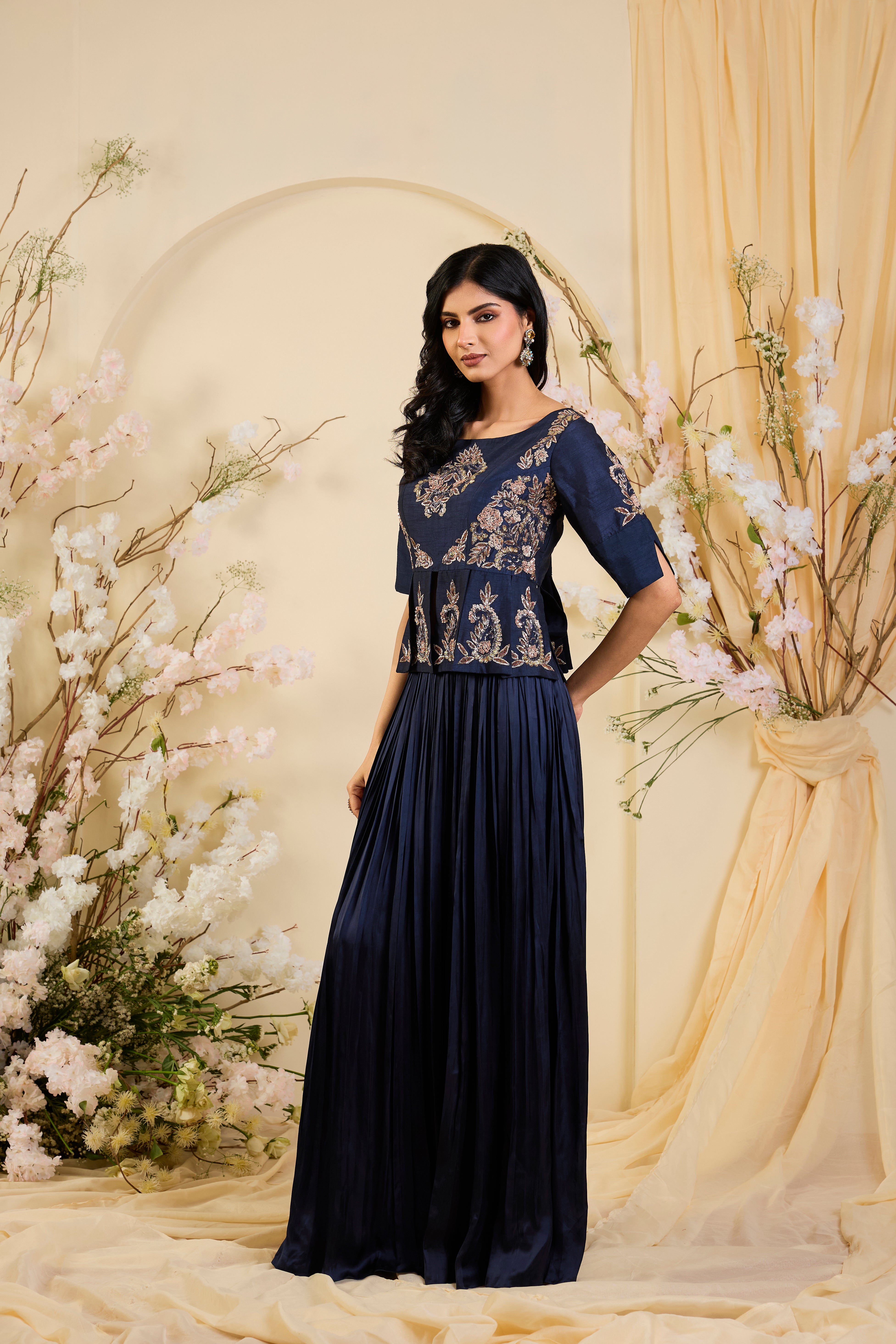 Midnight Opulence: A Symphony in Navy-Gold and Multicolour Embroidery