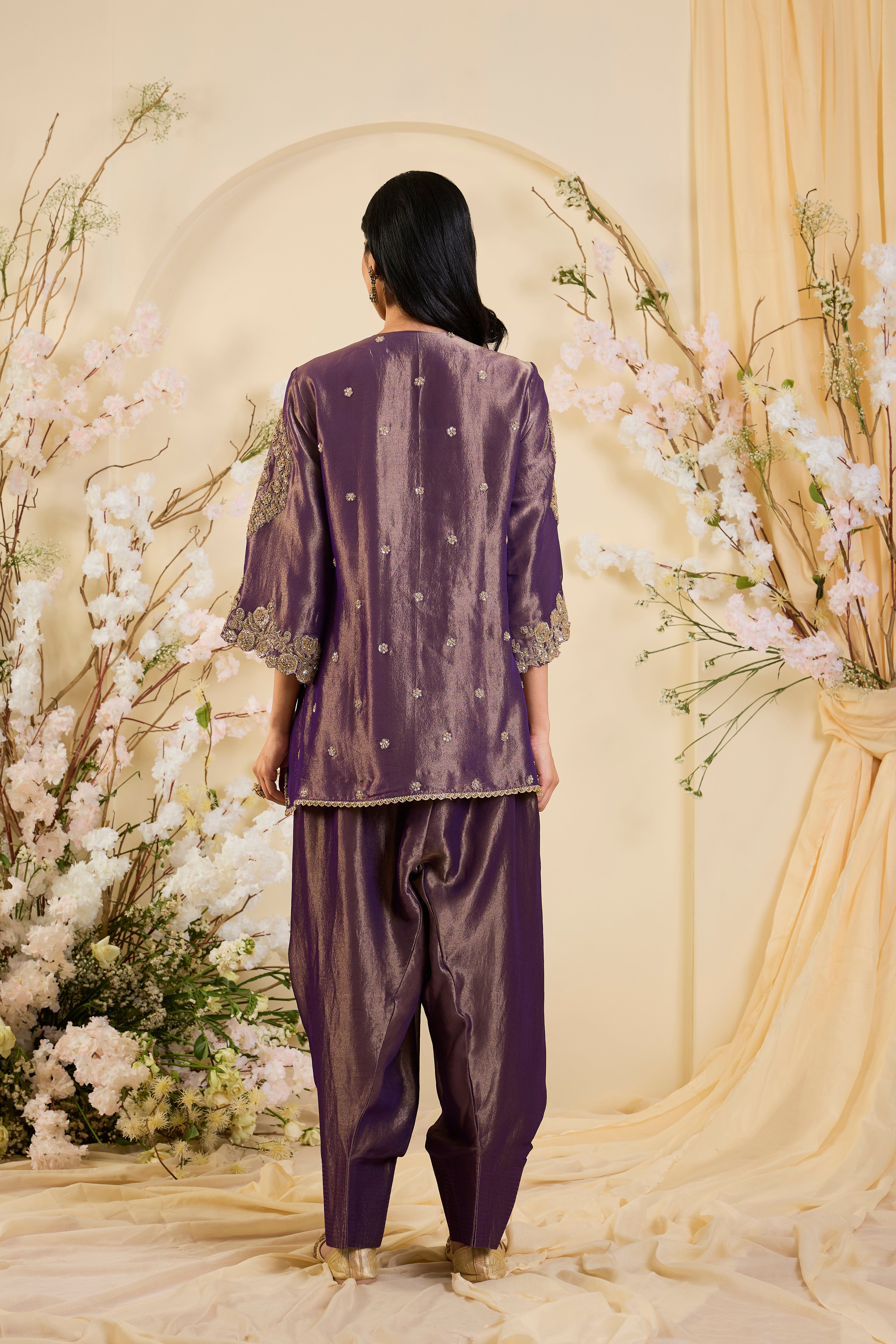 Amethyst Royale: Opulent Ensemble with Heritage Gold Embroidery