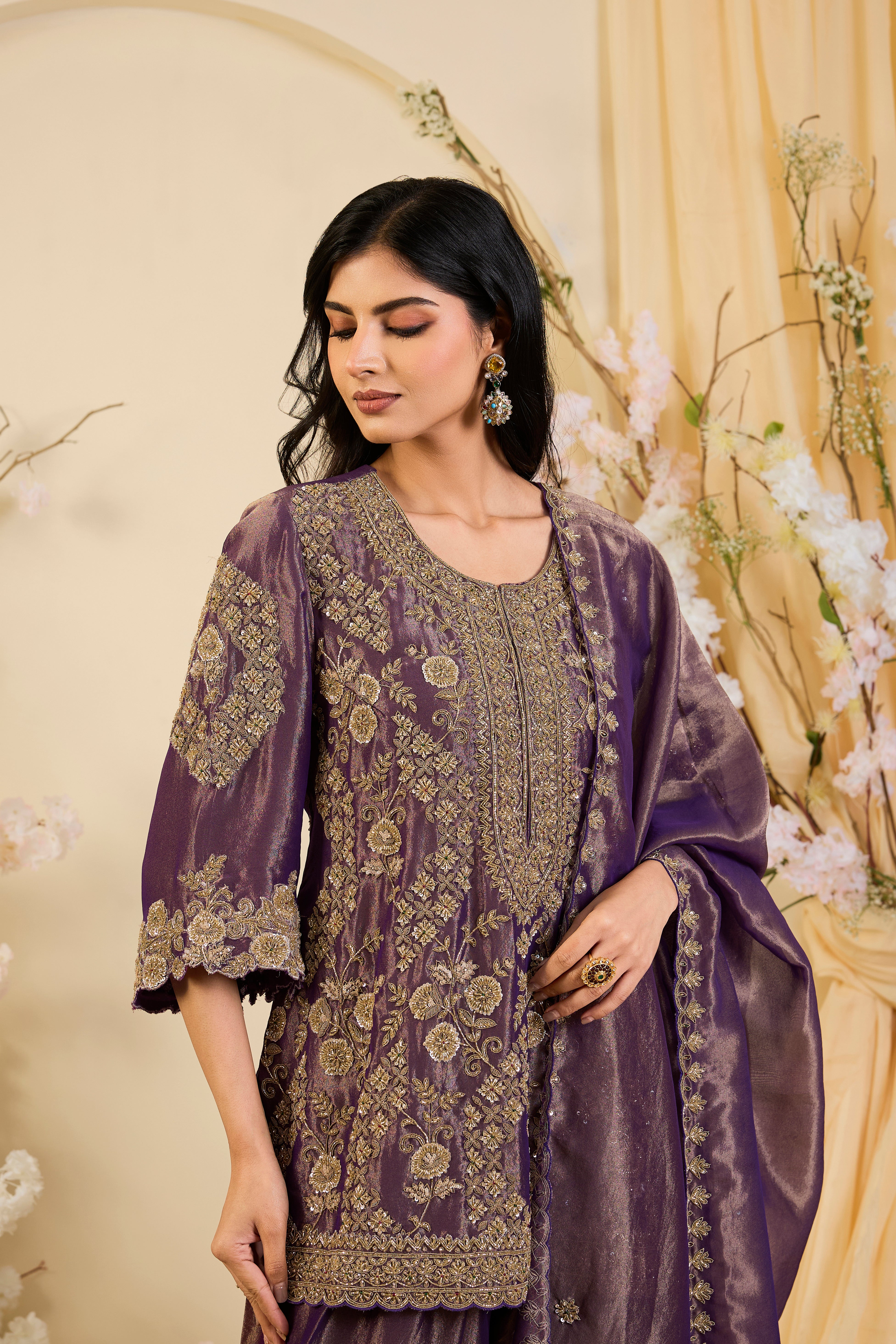 Amethyst Royale: Opulent Ensemble with Heritage Gold Embroidery