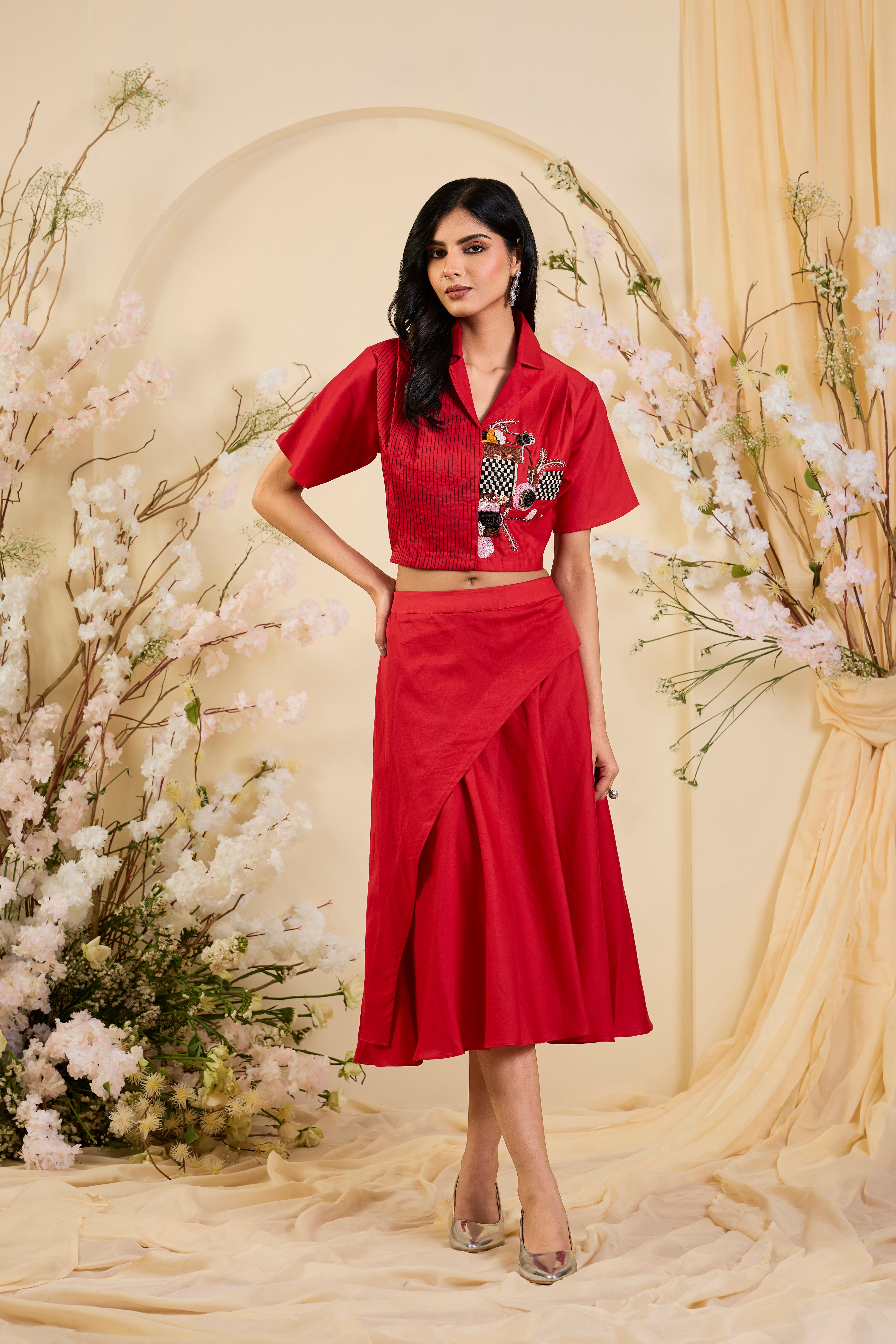 Scarlet Reverie: Contemporary Drape Skirt Set with Artisanal Statement Blouse