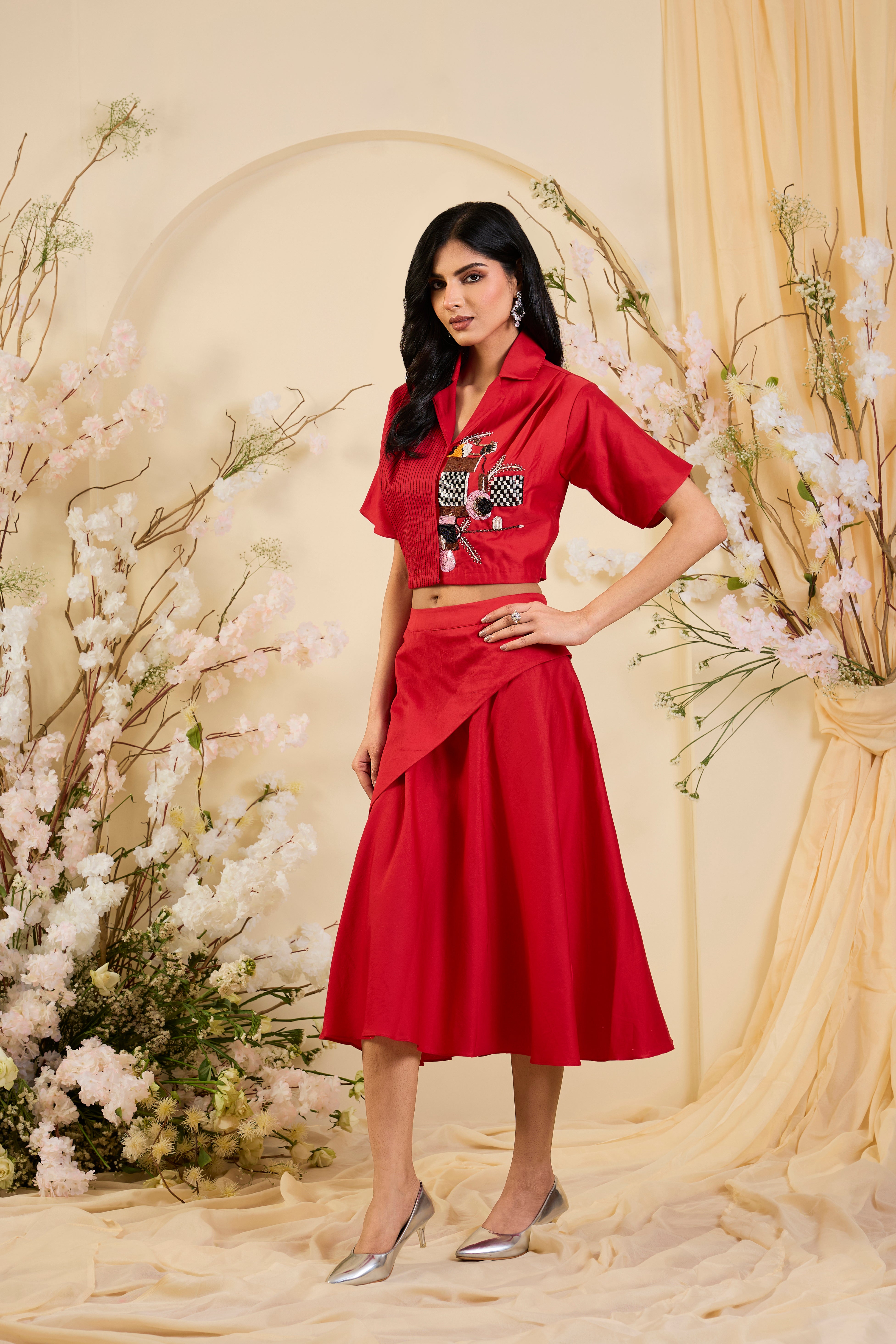 Scarlet Reverie: Contemporary Drape Skirt Set with Artisanal Statement Blouse