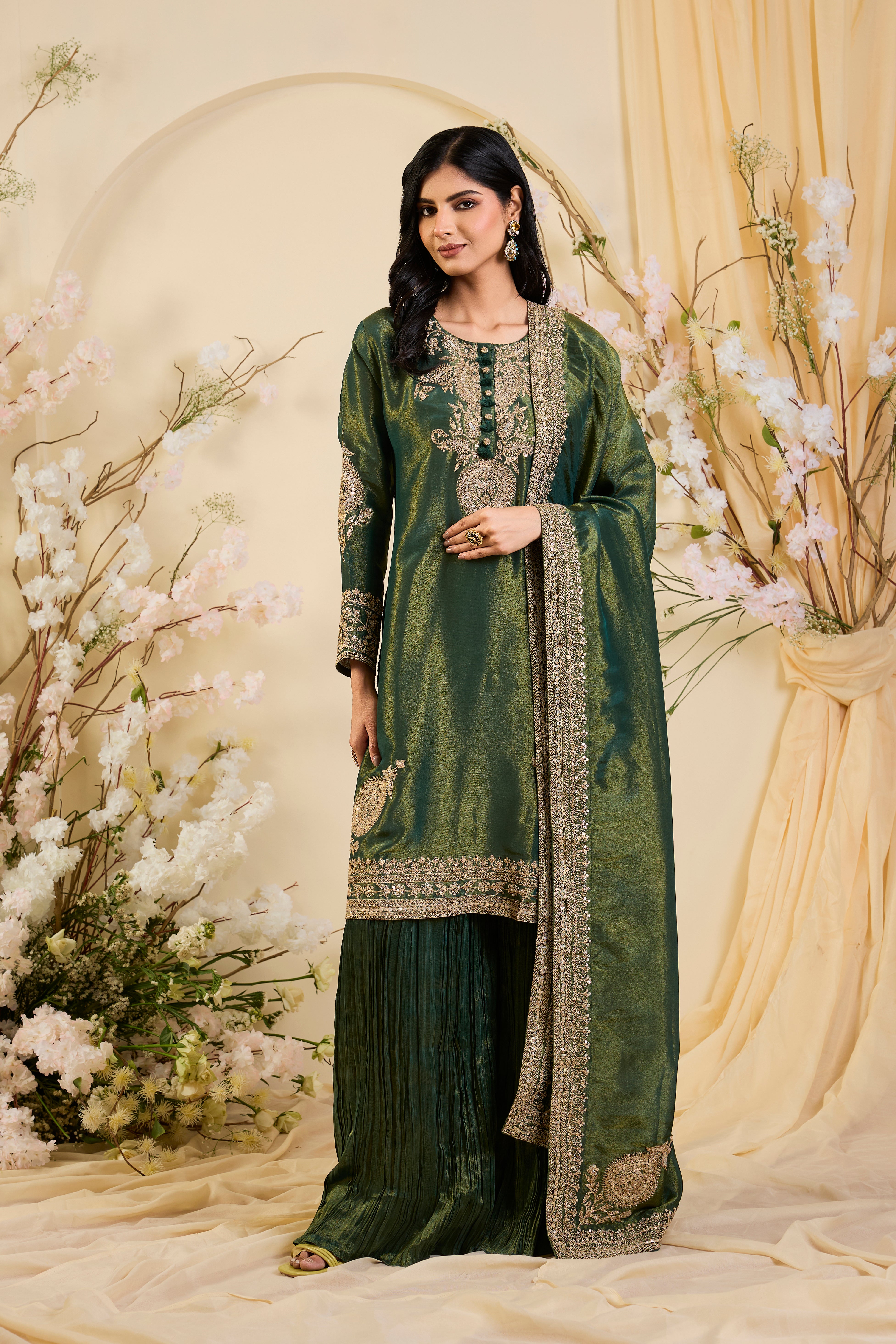 Emerald Heirloom: Regal Silk Kurta Set with Ornate Embroidery & Flowing Palazzo