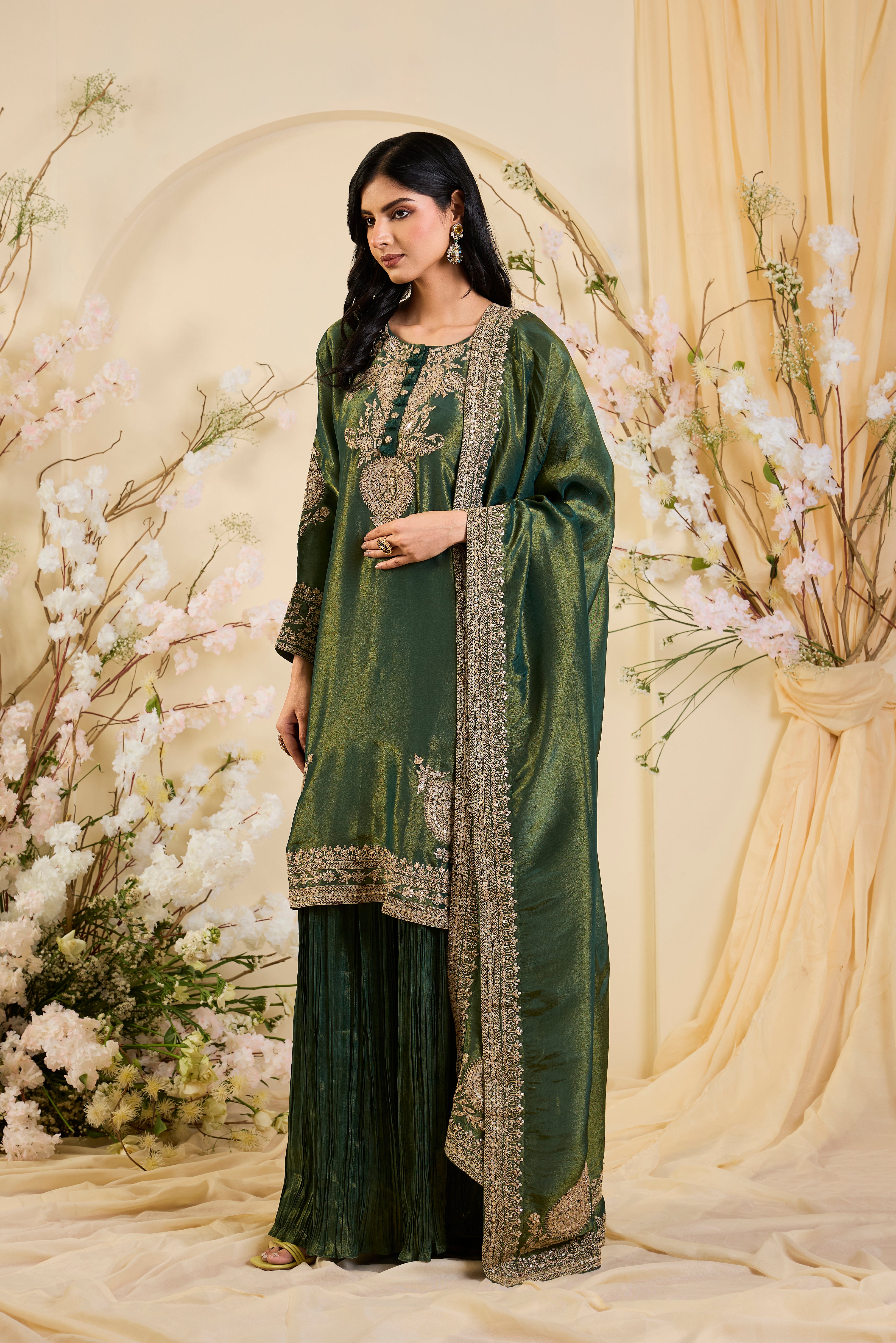 Emerald Heirloom: Regal Silk Kurta Set with Ornate Embroidery & Flowing Palazzo