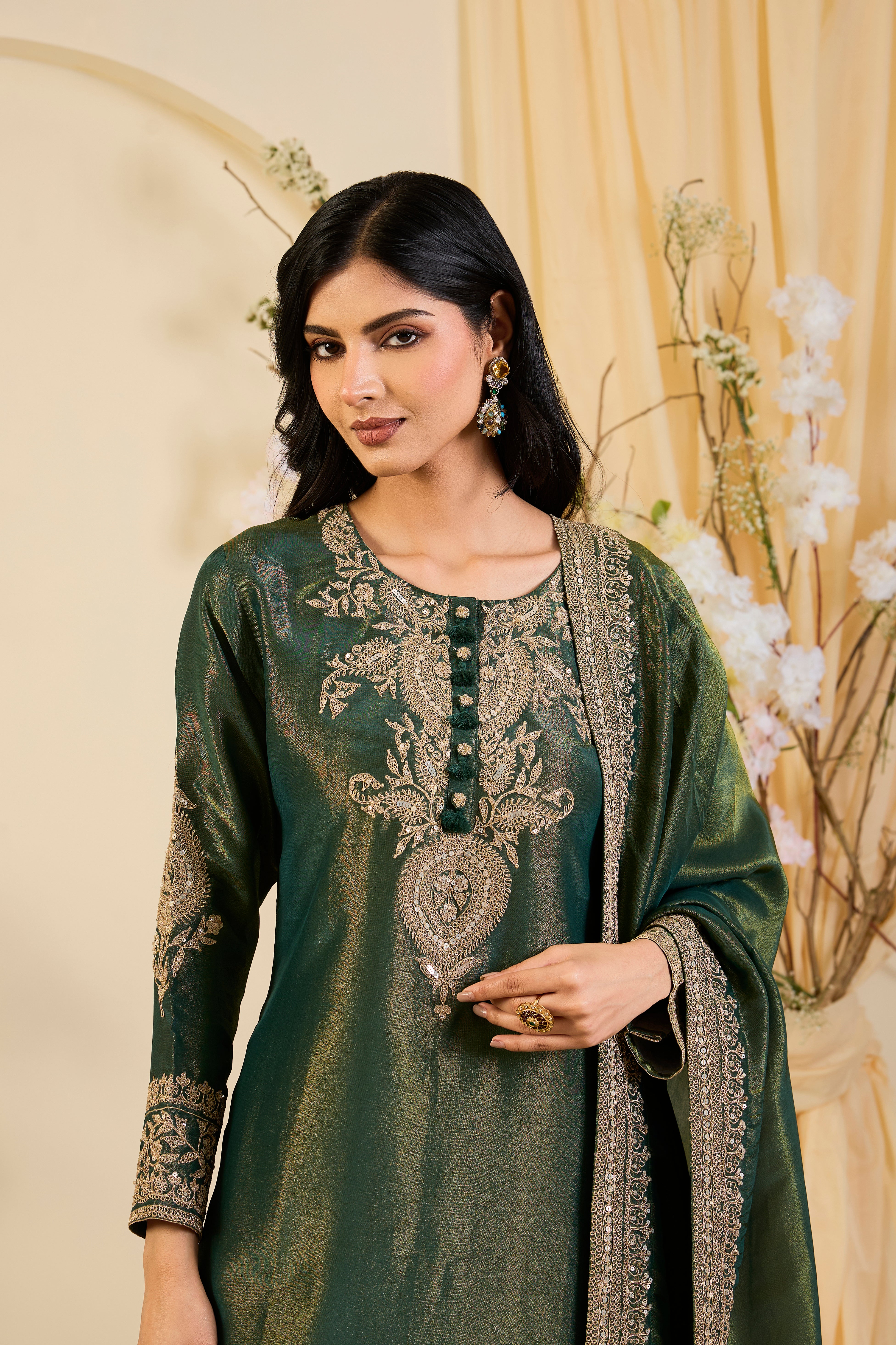 Emerald Heirloom: Regal Silk Kurta Set with Ornate Embroidery & Flowing Palazzo