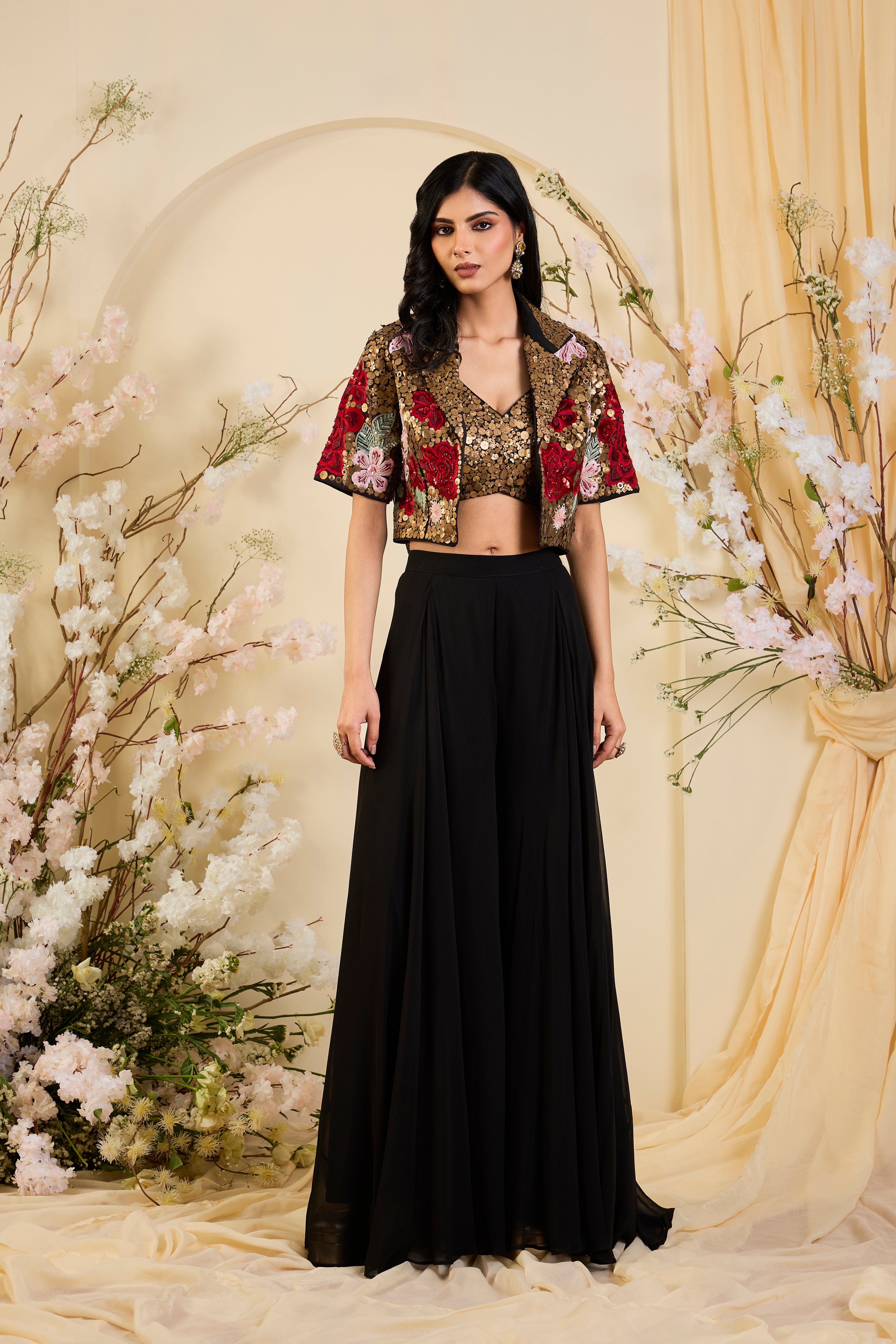 Gilded Bloom: Sequin-Embroidered Floral Jacket Set with Sculpted Blouse & Noir Skirt