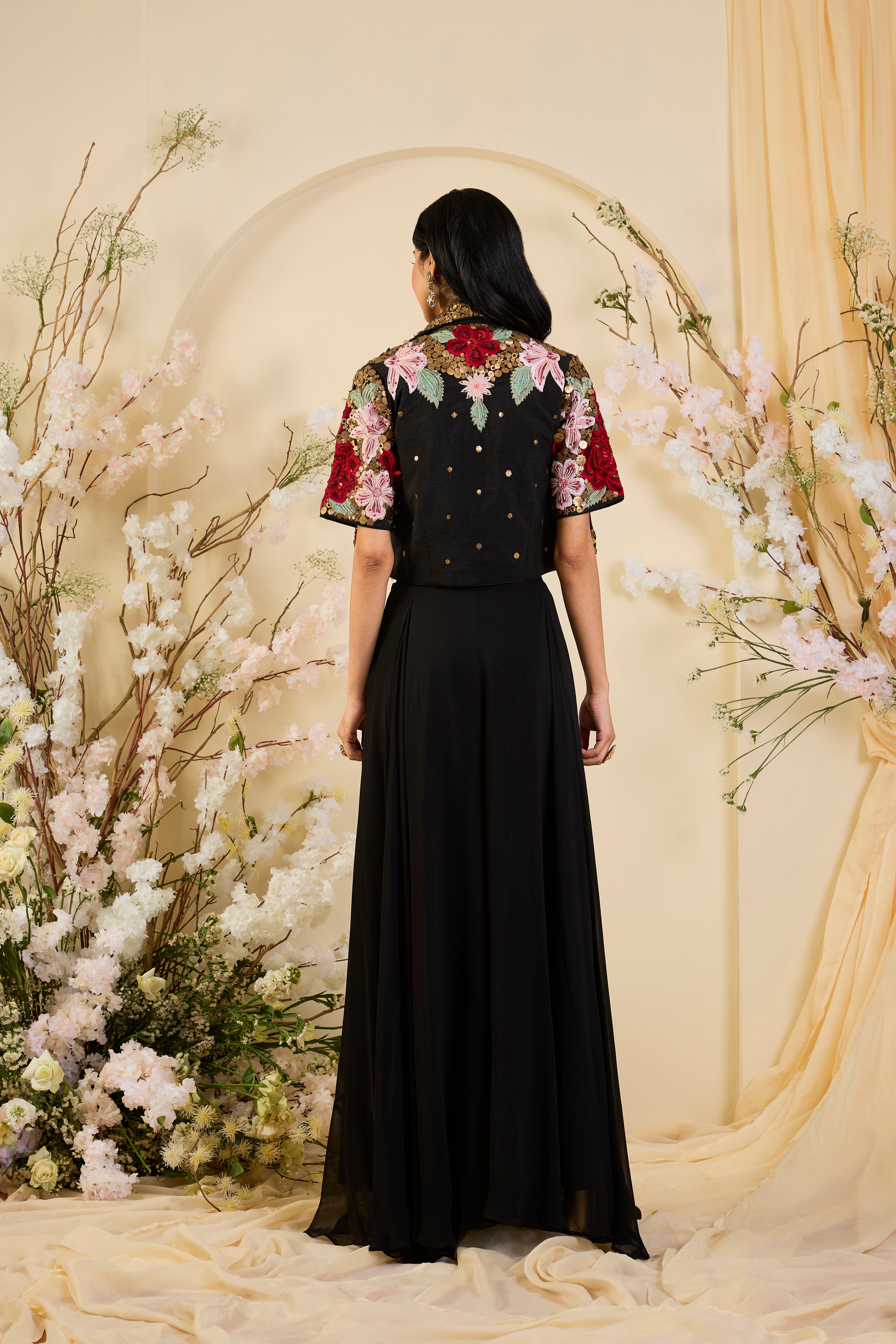 Gilded Bloom: Sequin-Embroidered Floral Jacket Set with Sculpted Blouse & Noir Skirt