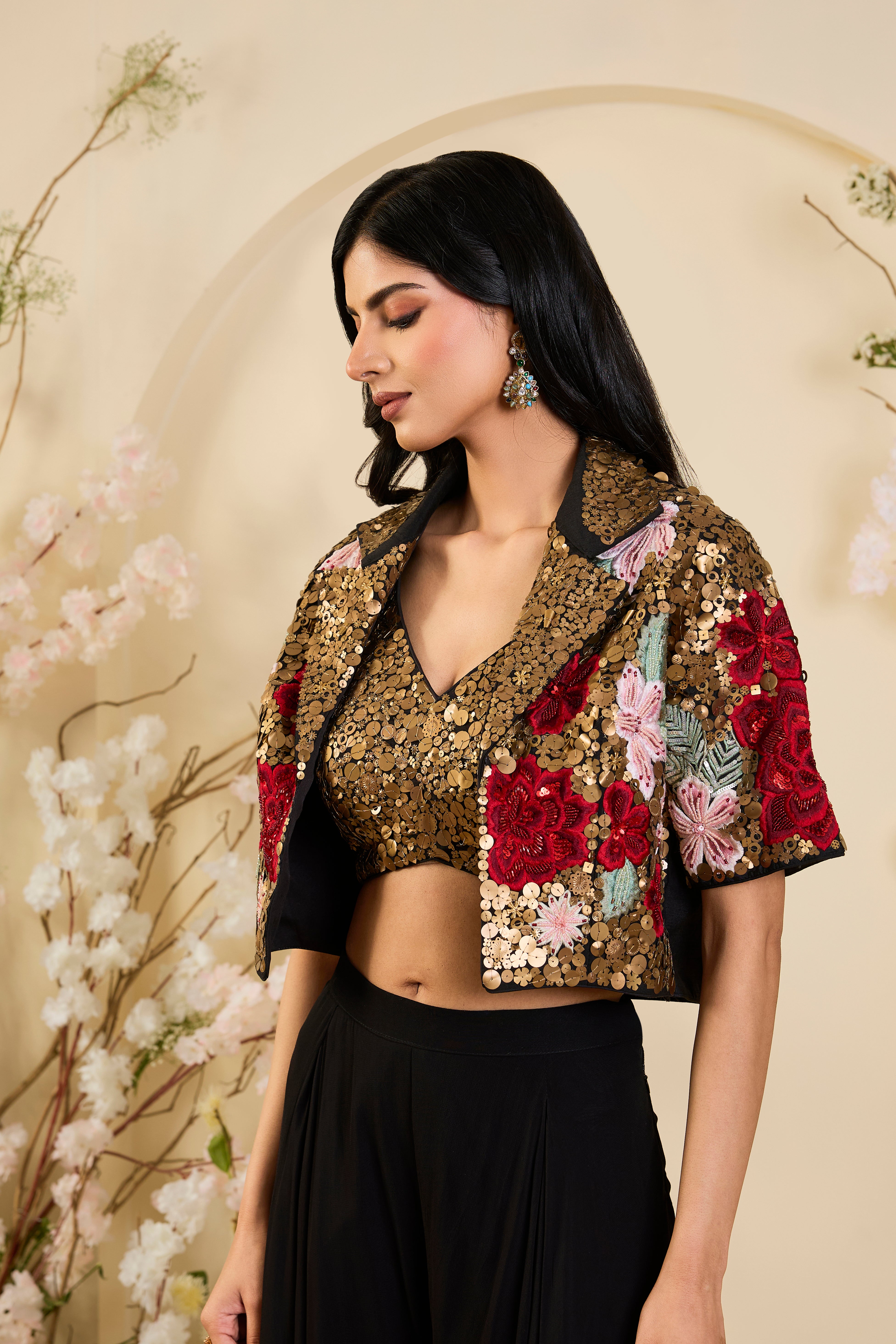 Gilded Bloom: Sequin-Embroidered Floral Jacket Set with Sculpted Blouse & Noir Skirt