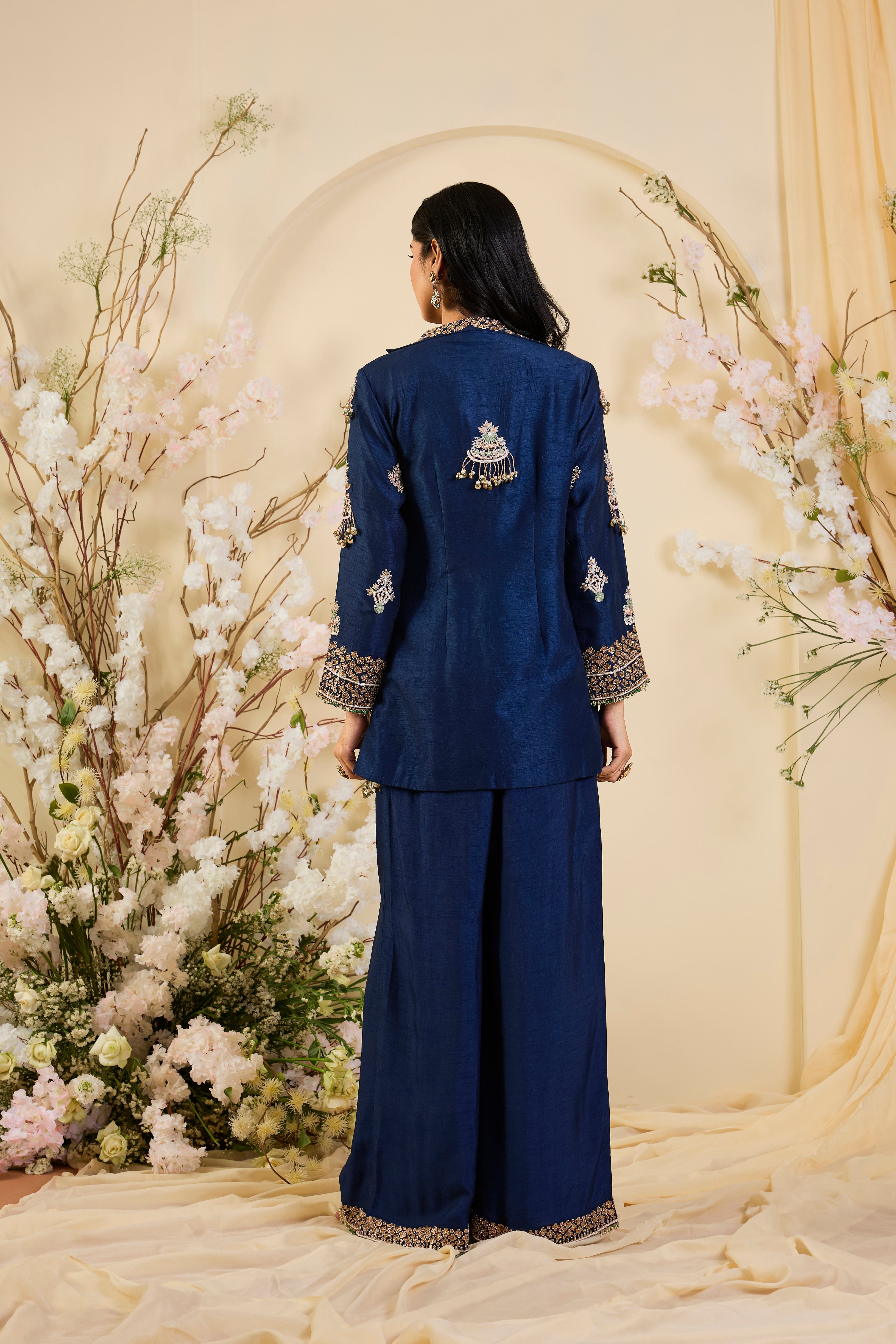 Neel Zardozi: Midnight Blue Kurta Set with Ornate Embellished Yoke & Regal Palazzo Silhouette