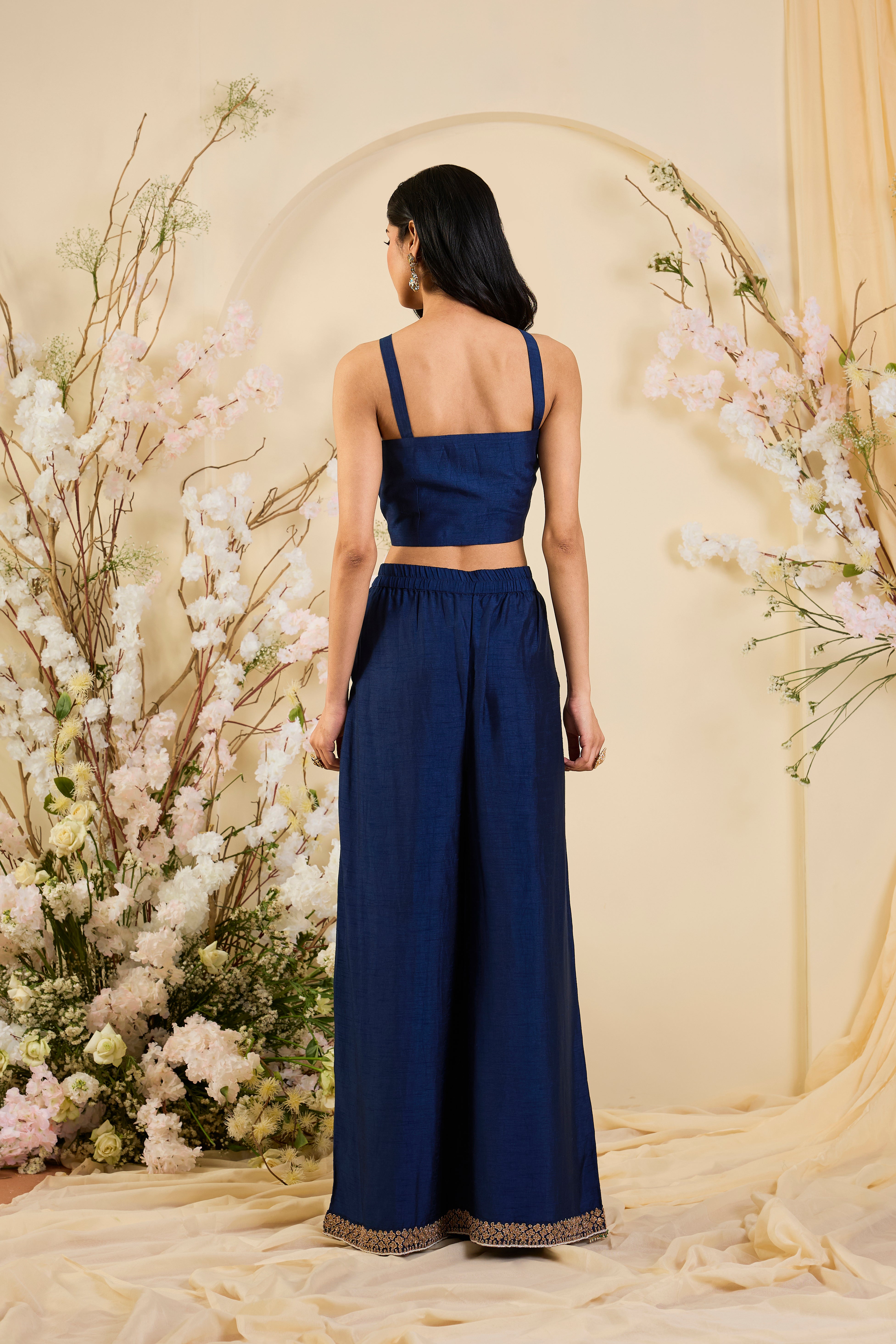 Neel Zardozi: Midnight Blue Kurta Set with Ornate Embellished Yoke & Regal Palazzo Silhouette
