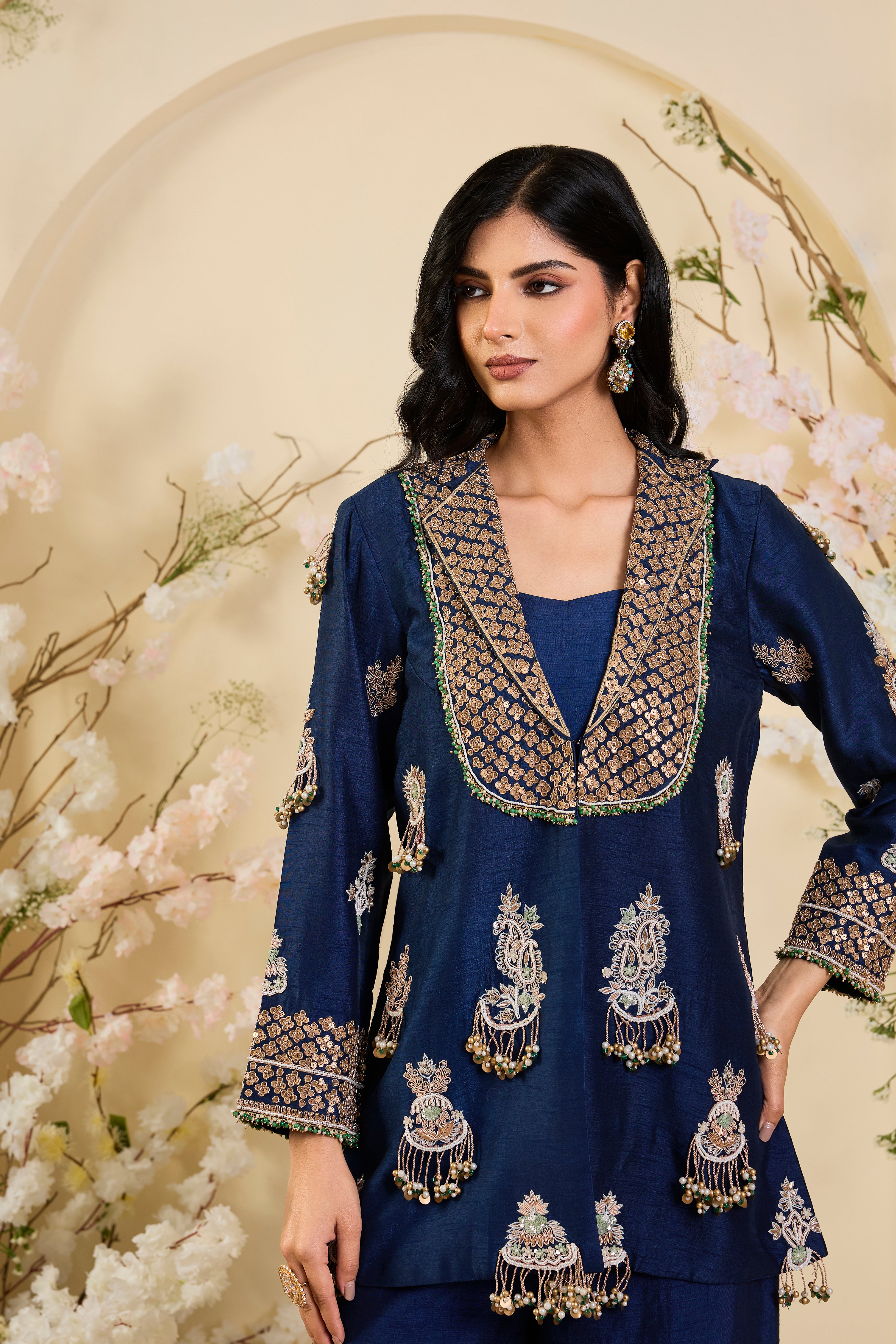 Neel Zardozi: Midnight Blue Kurta Set with Ornate Embellished Yoke & Regal Palazzo Silhouette