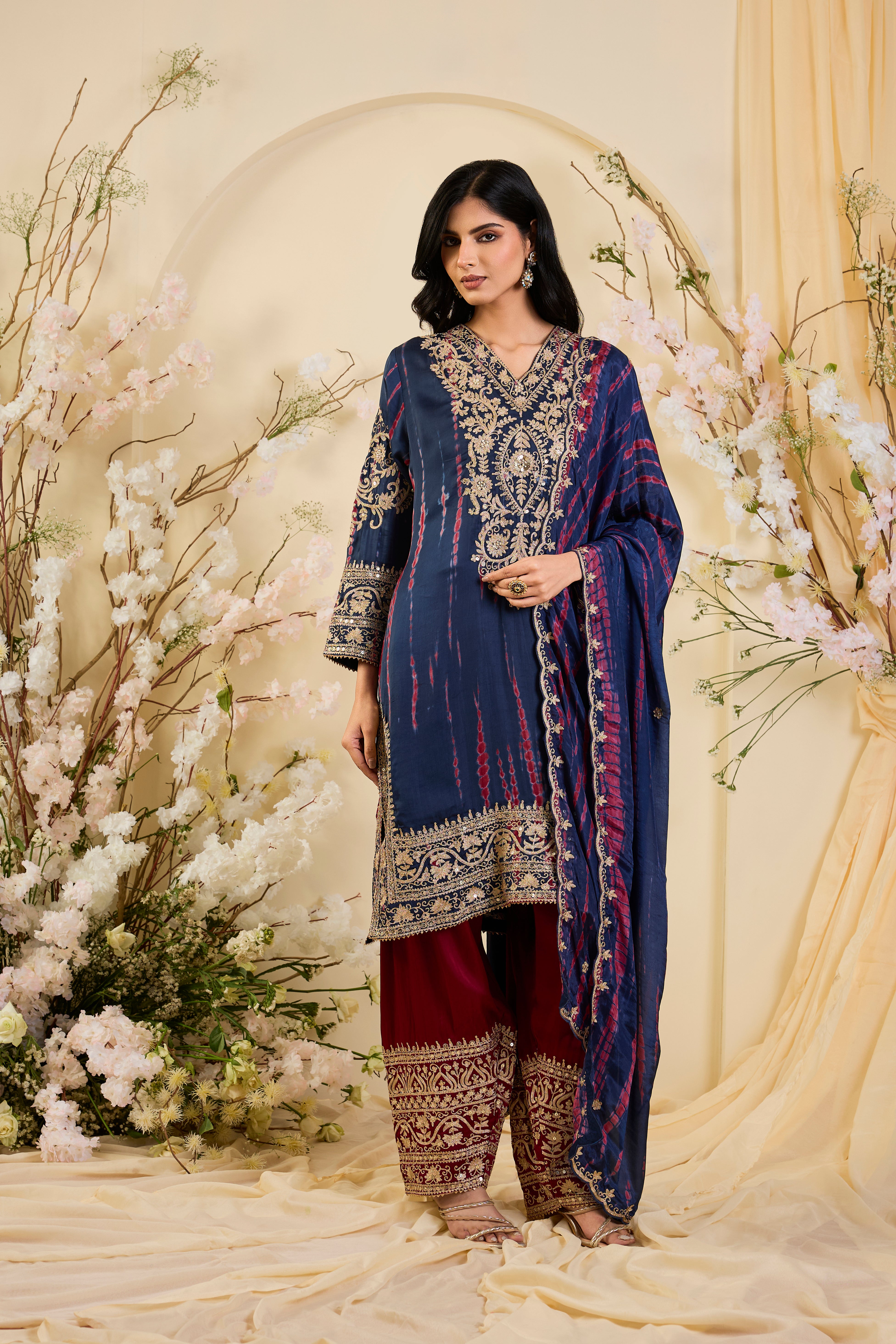 Neel Riwaayat: Indigo Kurta Set with Antique Zari Embroidery & Crimson Accents