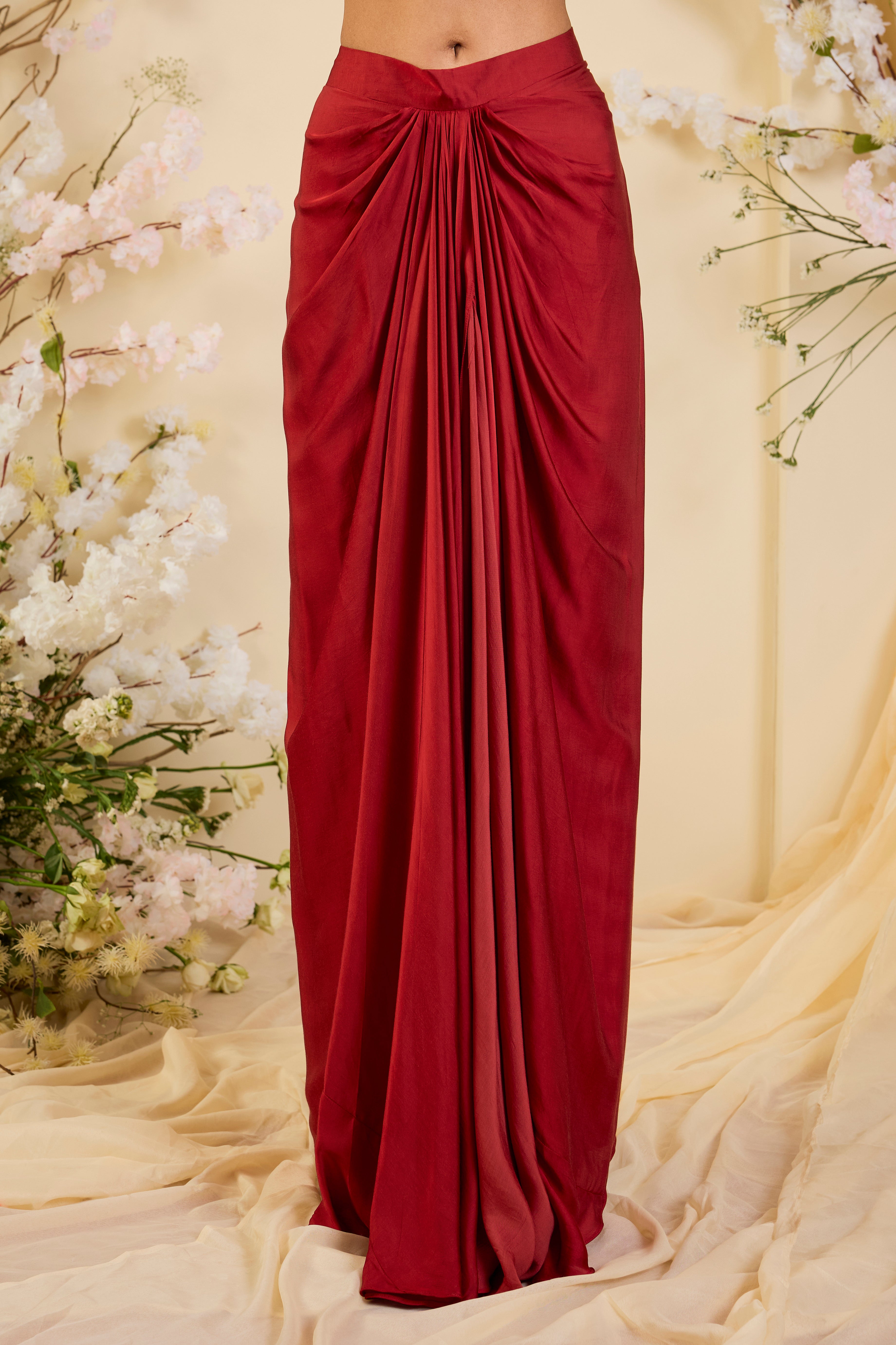 Rouge Royale: Draped Saree Gown with Hand-Embroidered Corset & Sheer Statement Cape