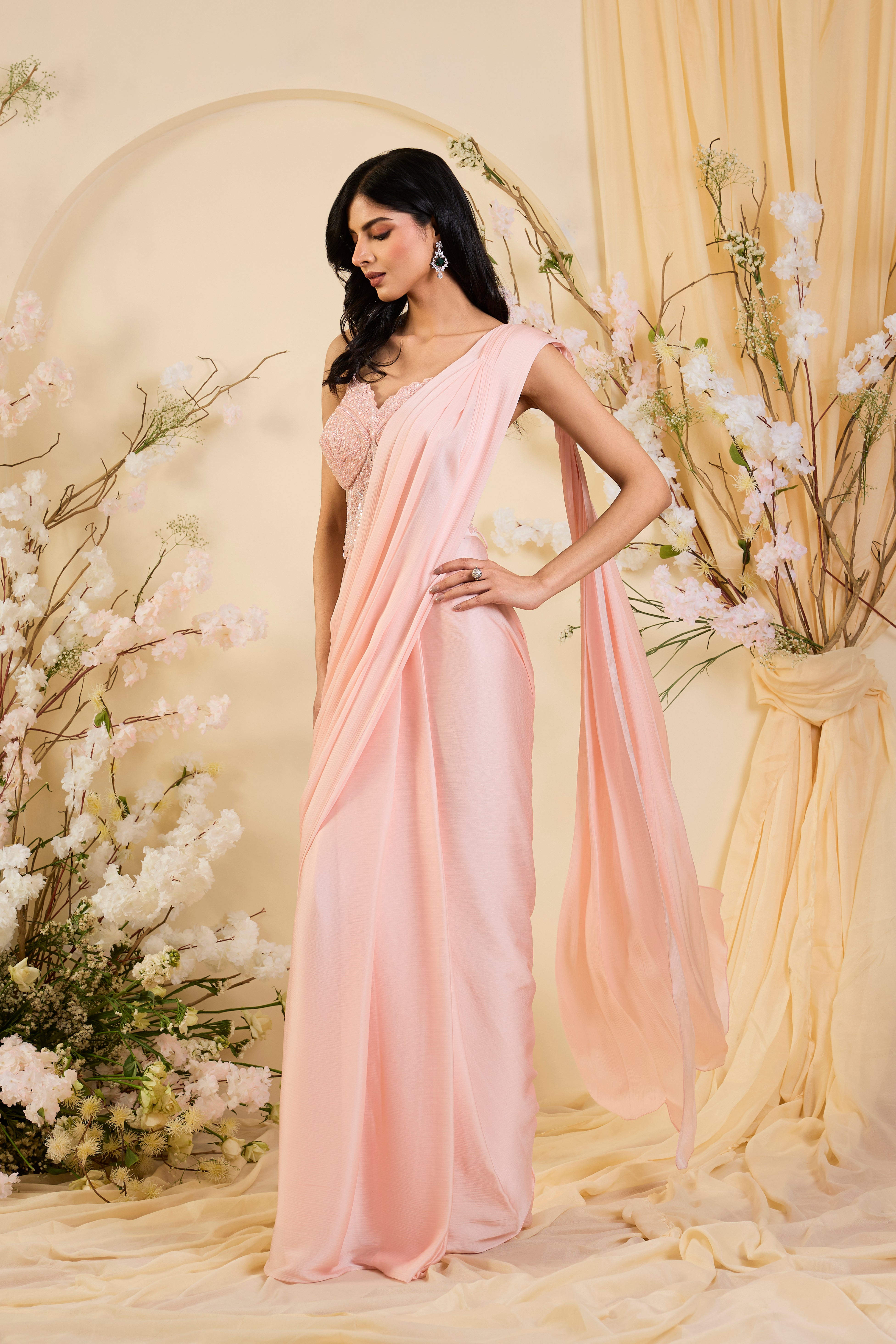 Blush Élan: Draped Saree Gown with Hand-Embellished Corset Bodice in Soft Rose Quartz Tones