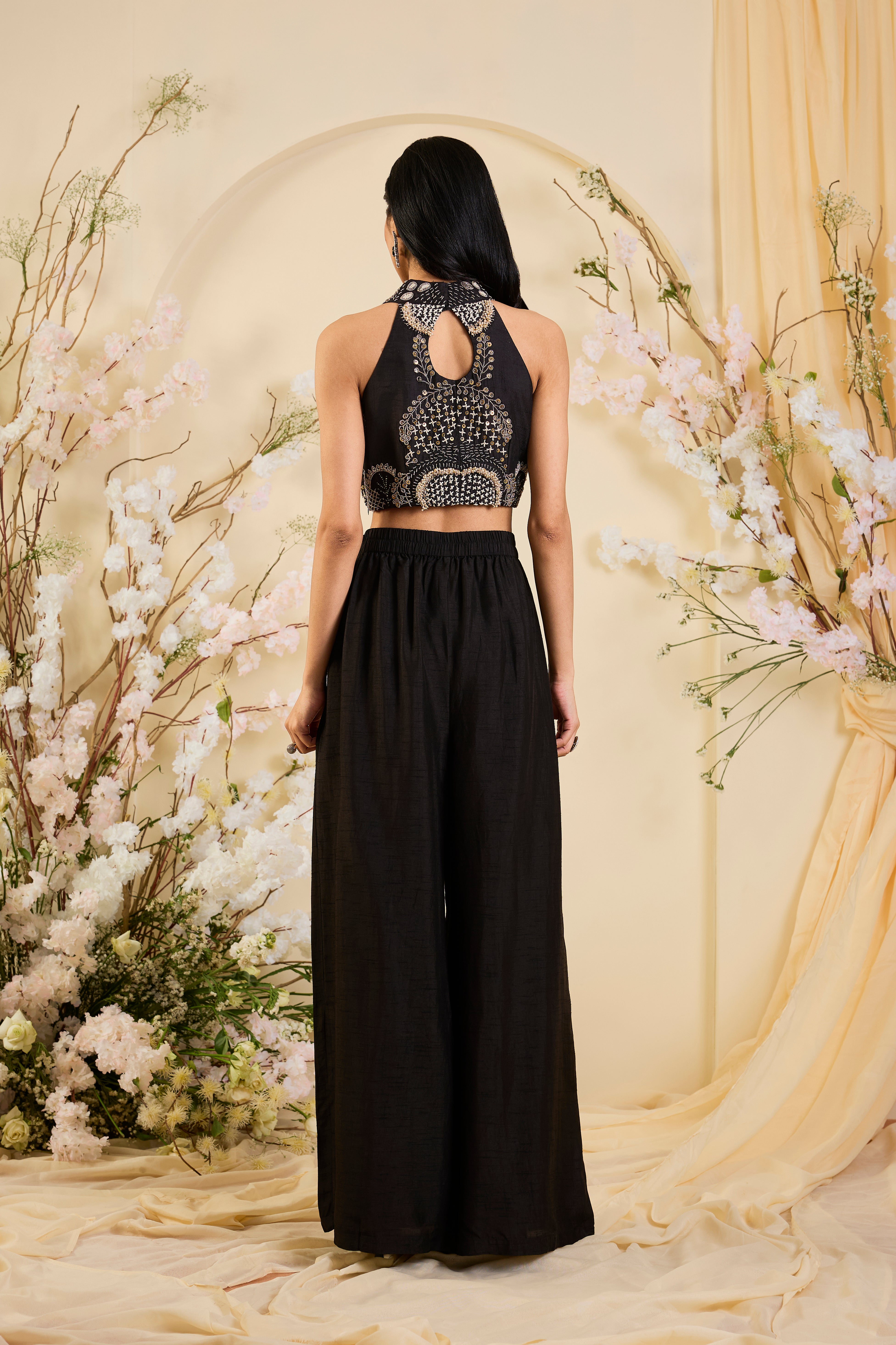 Noir Celestial Co-ord Set with Hand-Embroidered Halter Blouse & Statement Palazzo Silhouette
