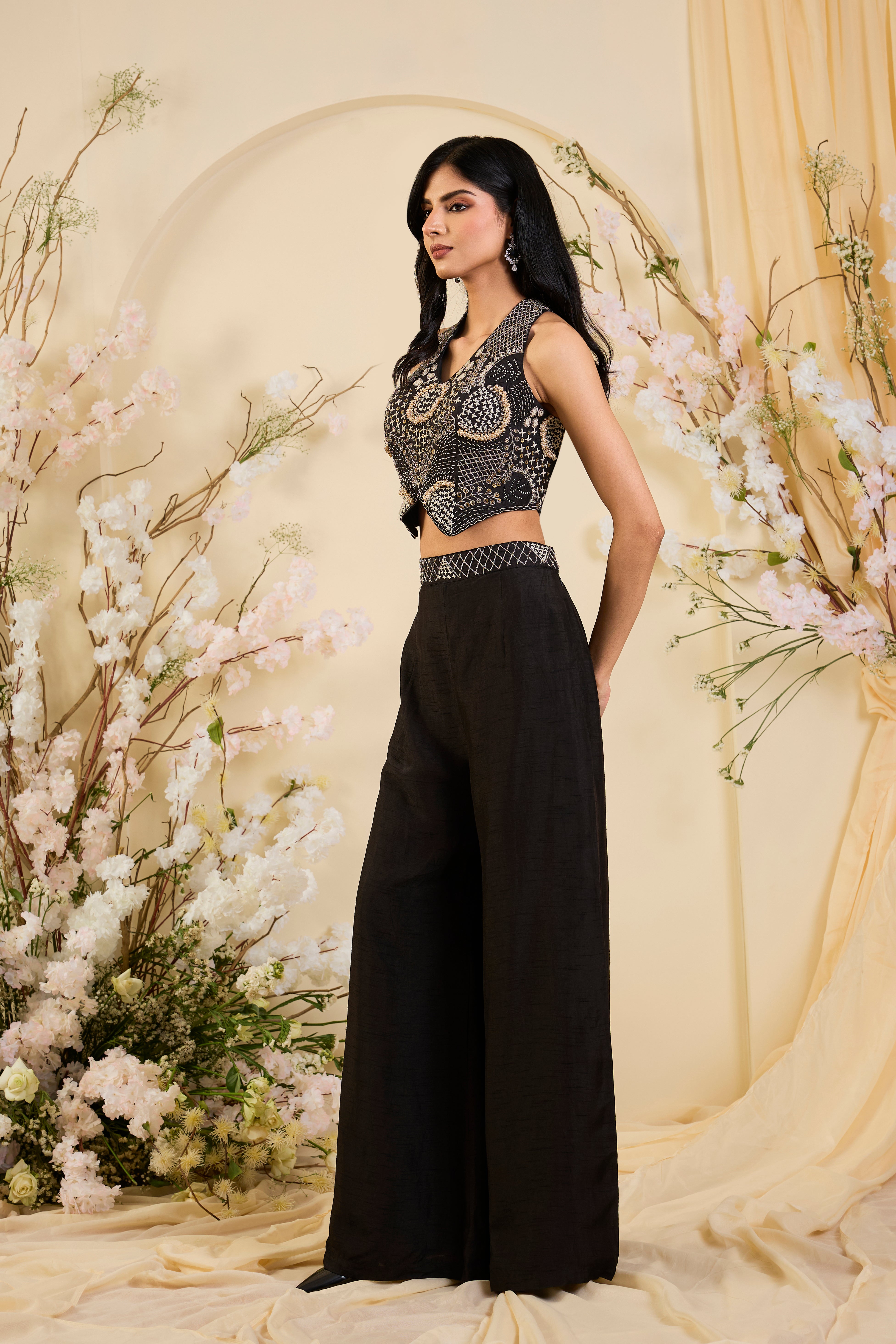 Noir Celestial Co-ord Set with Hand-Embroidered Halter Blouse & Statement Palazzo Silhouette
