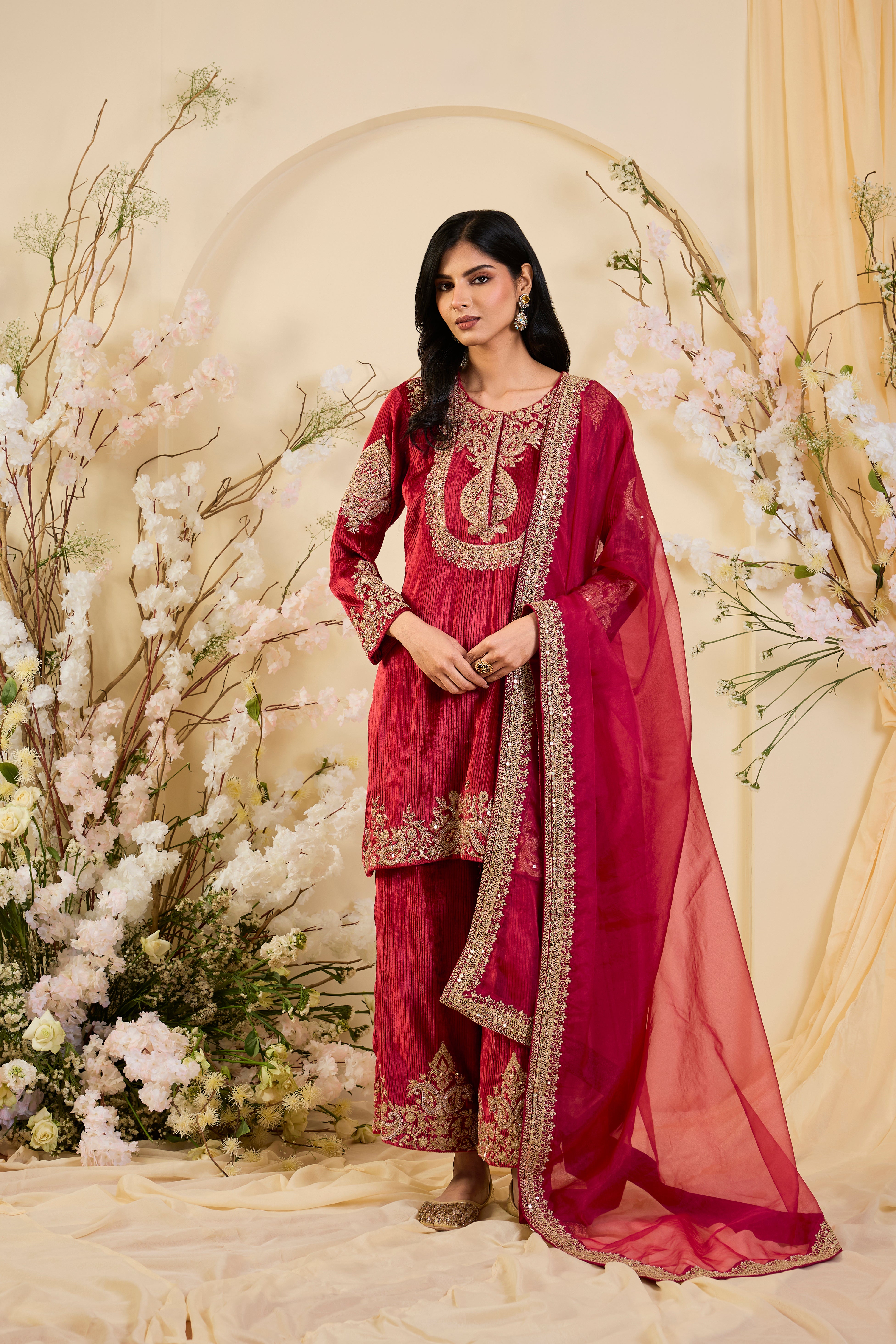Rani Crimson Kurta Set with Opulent Zari Embroidery & Regal Organza Dupatta