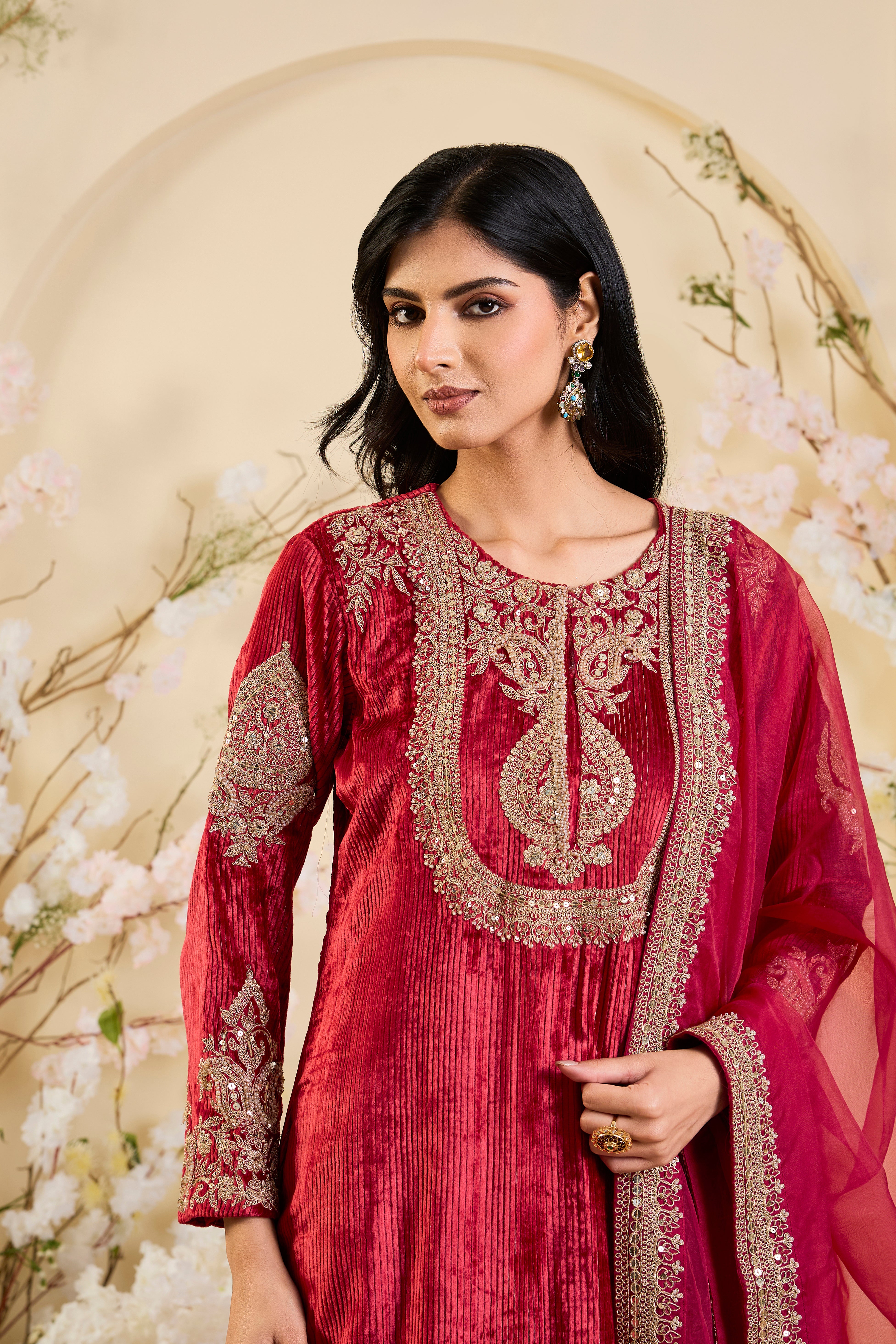 Rani Crimson Kurta Set with Opulent Zari Embroidery & Regal Organza Dupatta