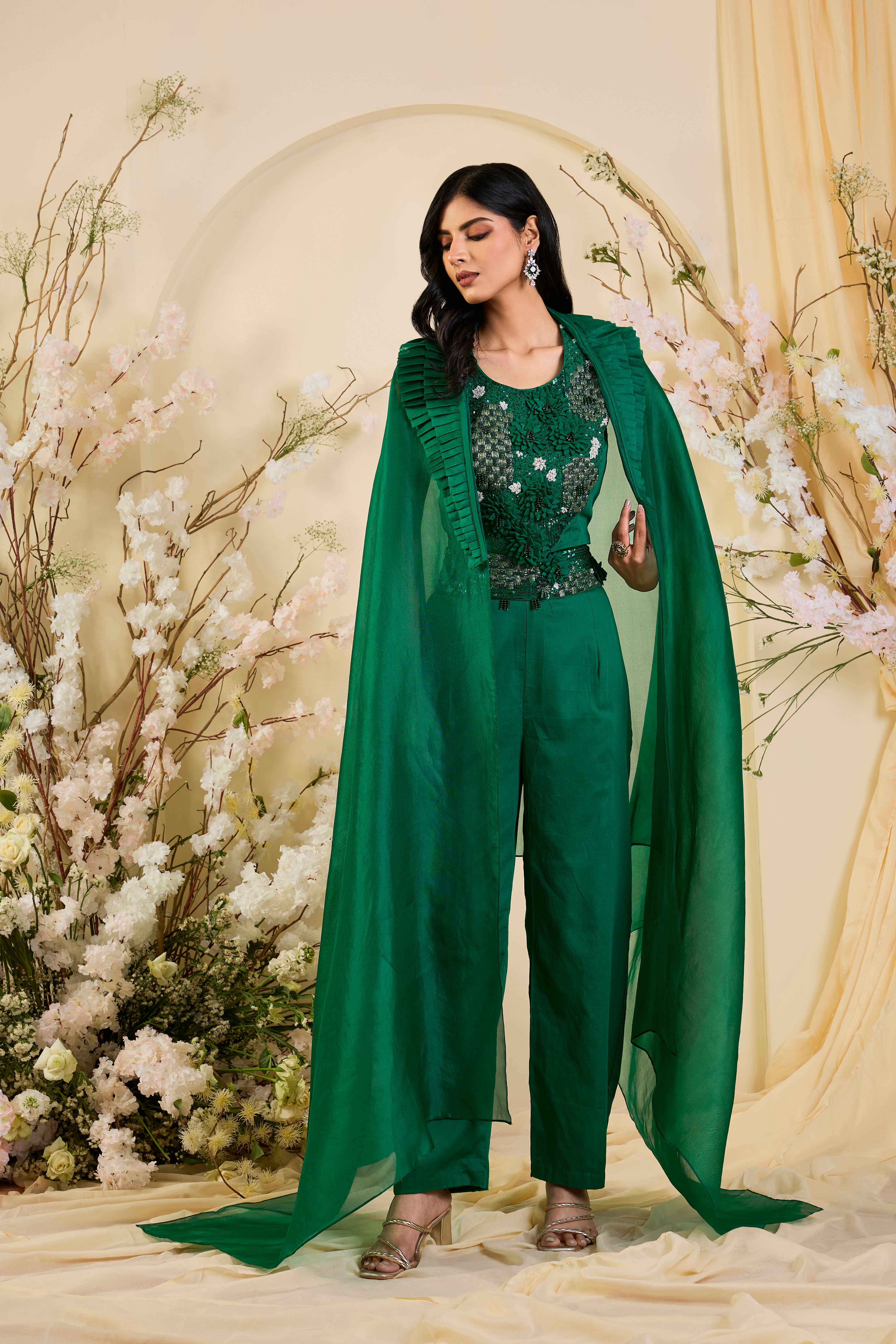 Emerald Aura Co-ord Set with Hand-Embellished Floral Bodice & Ethereal Cape