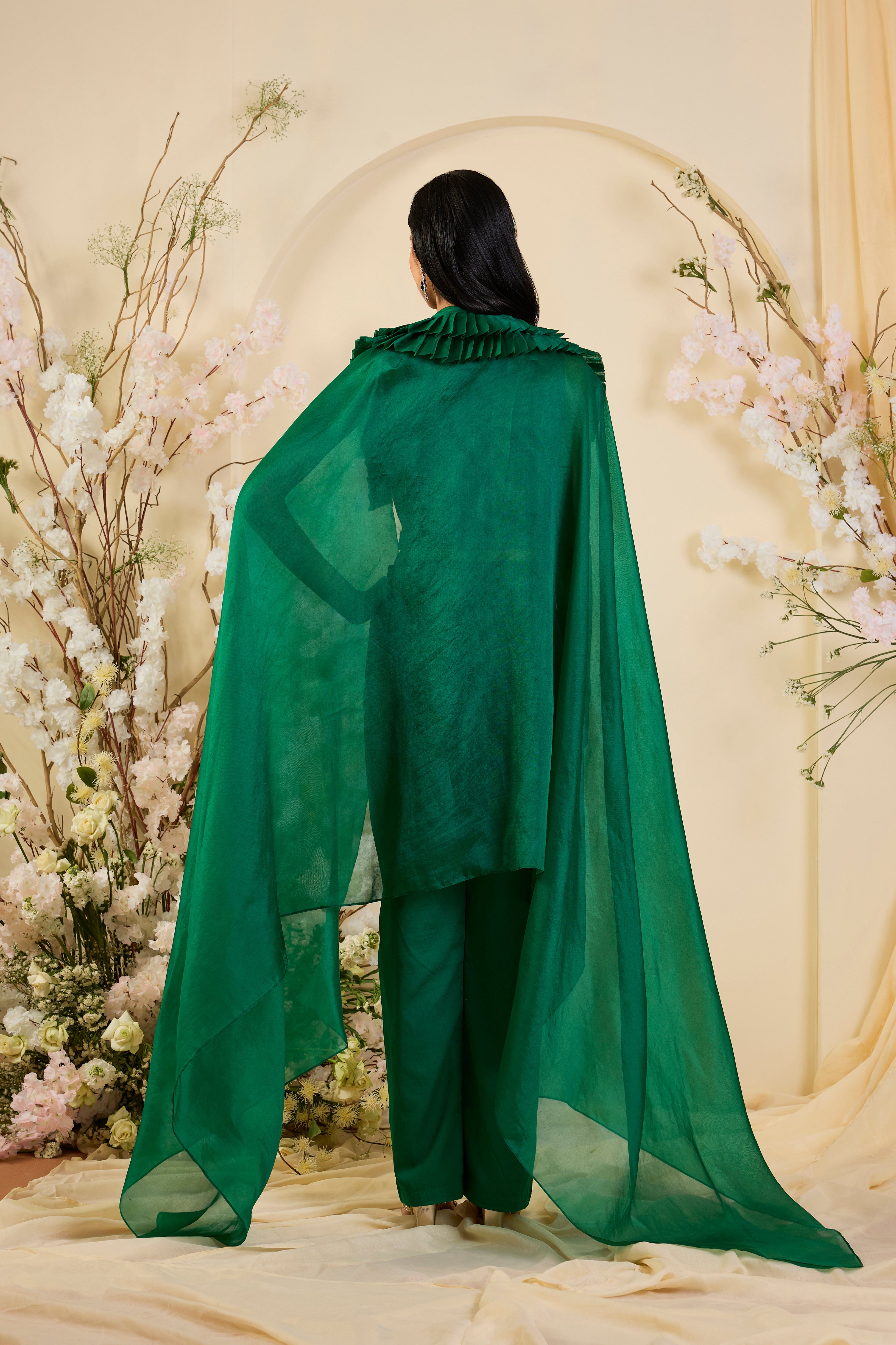 Emerald Aura Co-ord Set with Hand-Embellished Floral Bodice & Ethereal Cape