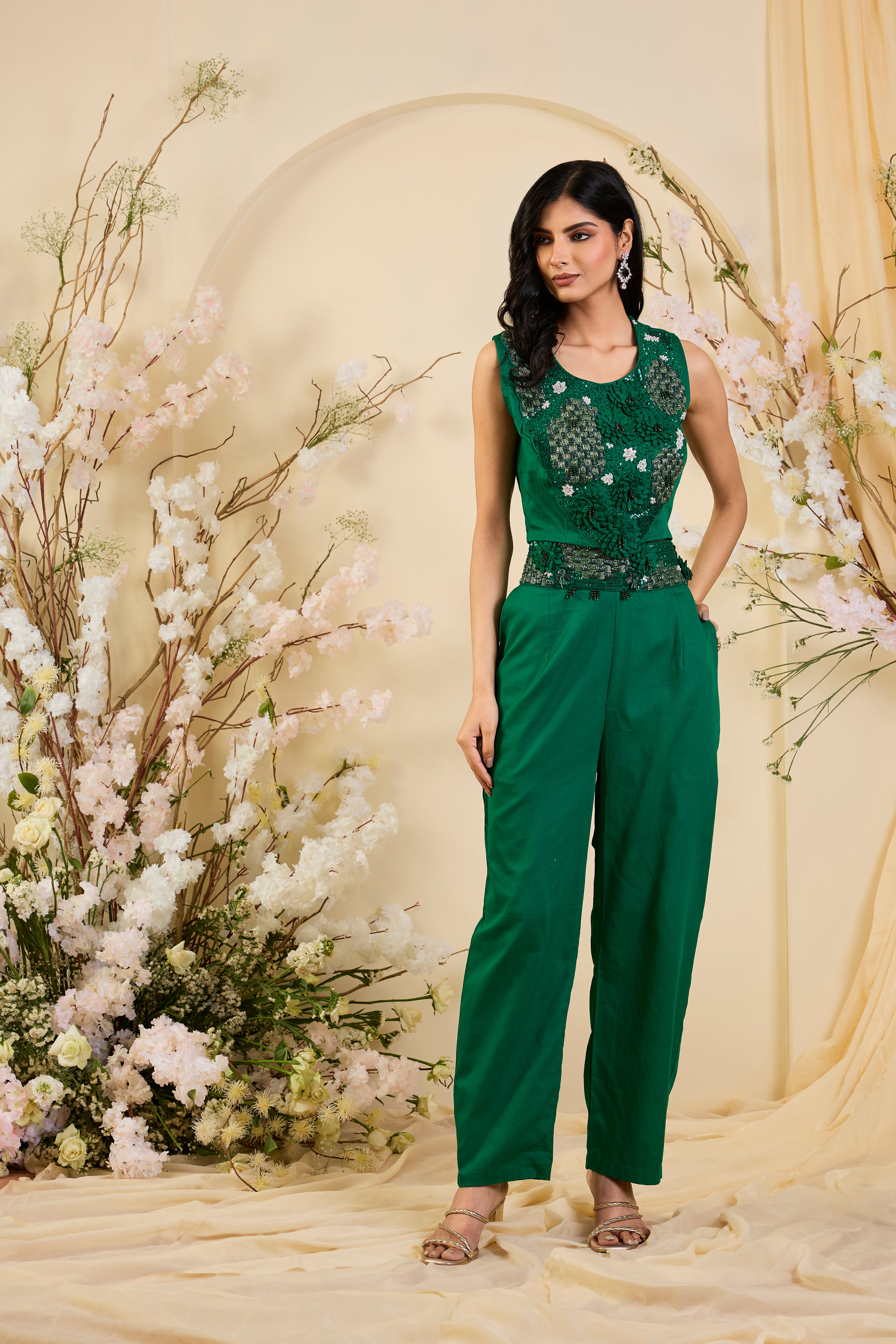 Emerald Aura Co-ord Set with Hand-Embellished Floral Bodice & Ethereal Cape