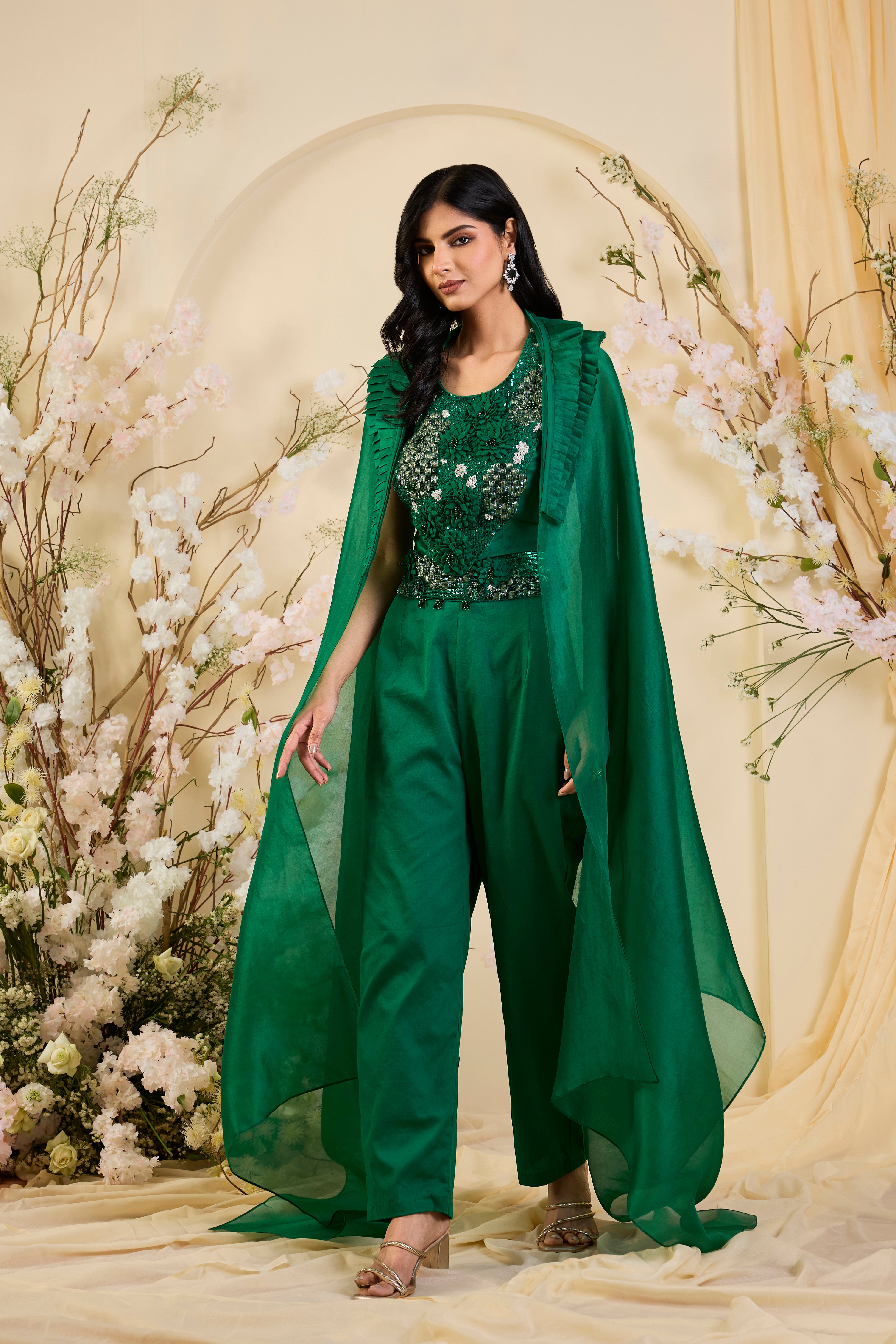 Emerald Aura Co-ord Set with Hand-Embellished Floral Bodice & Ethereal Cape