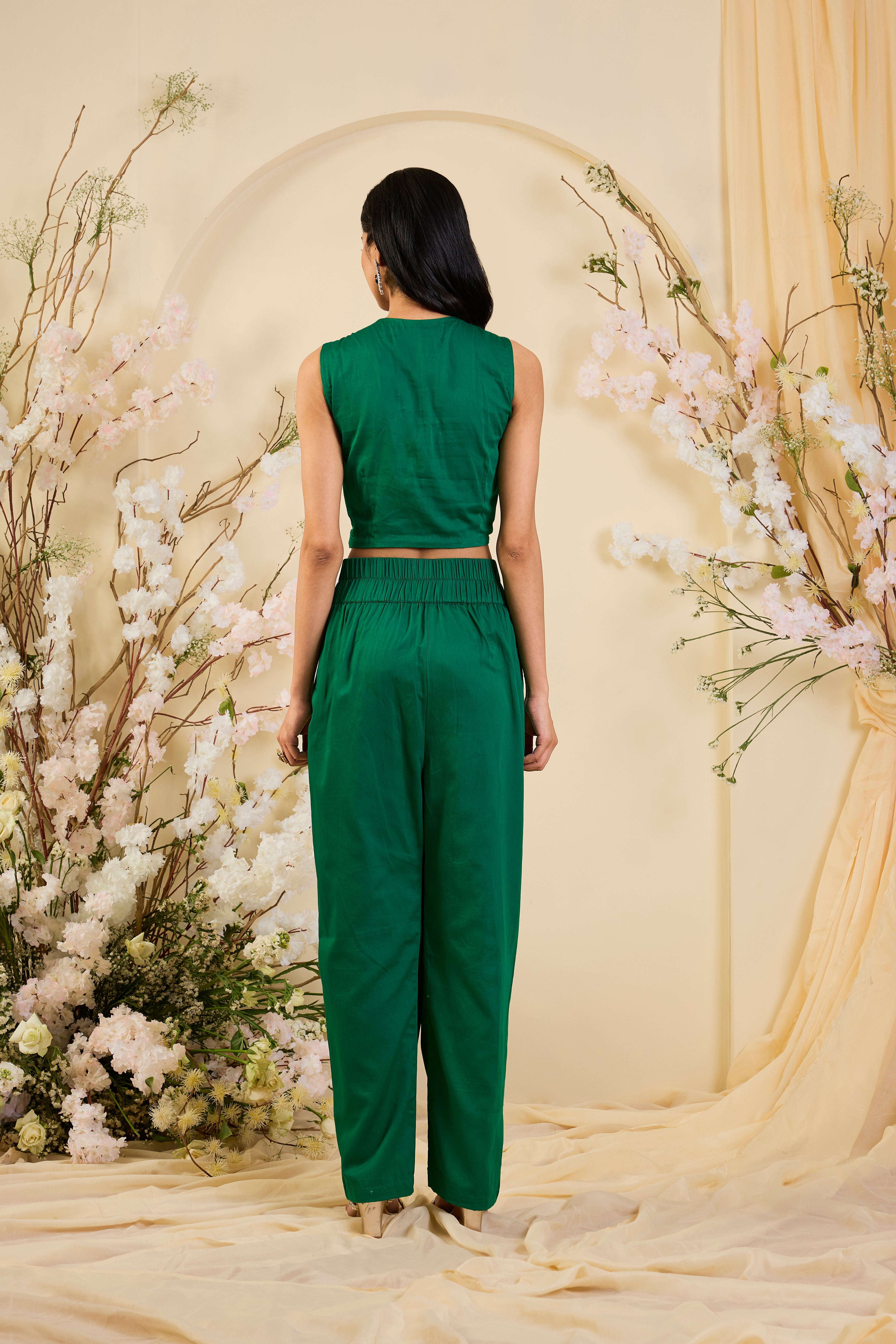 Emerald Aura Co-ord Set with Hand-Embellished Floral Bodice & Ethereal Cape