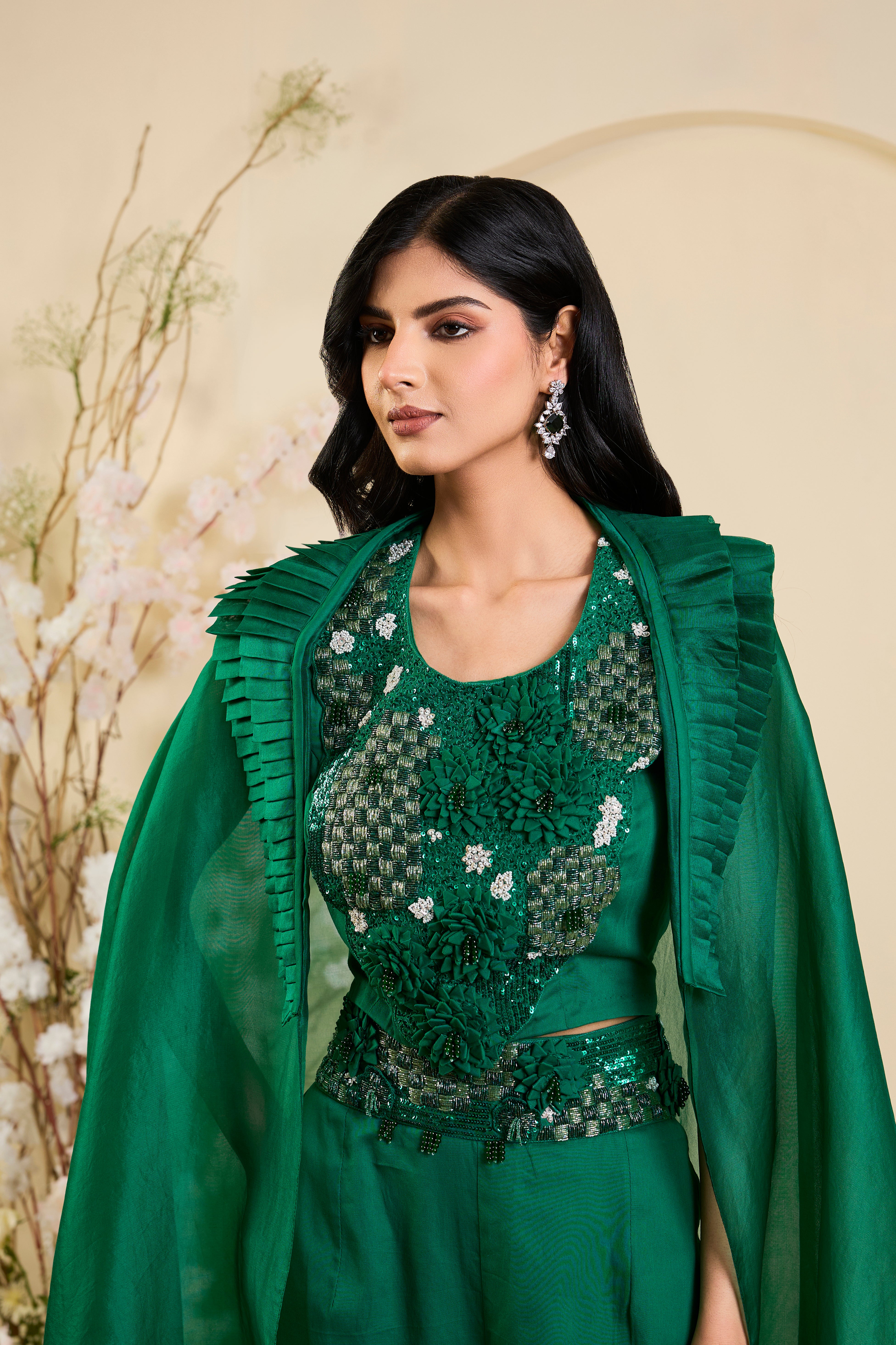 Emerald Aura Co-ord Set with Hand-Embellished Floral Bodice & Ethereal Cape