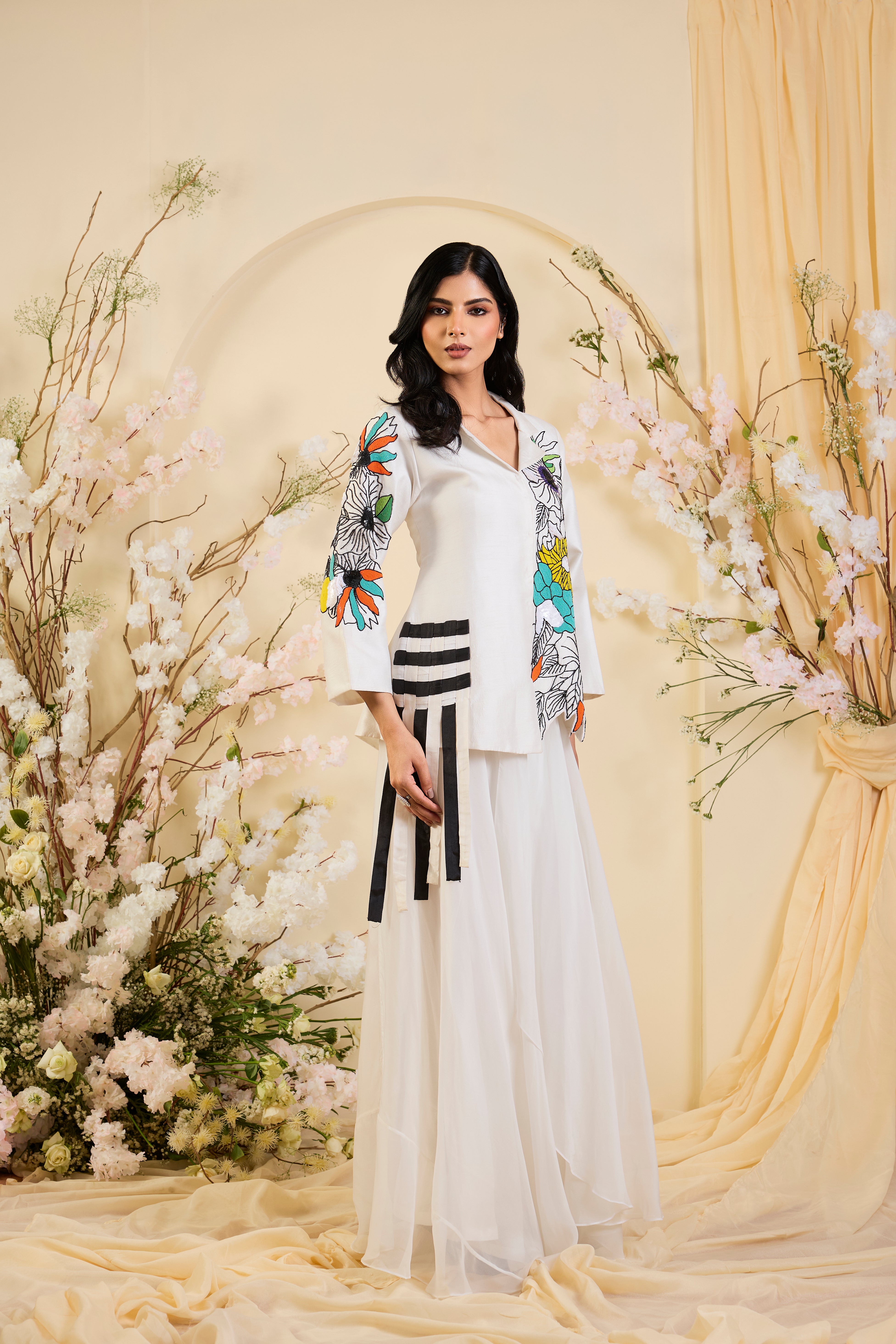 Ivory Canvas: Hand-Embroidered Bloom Tunic Set
