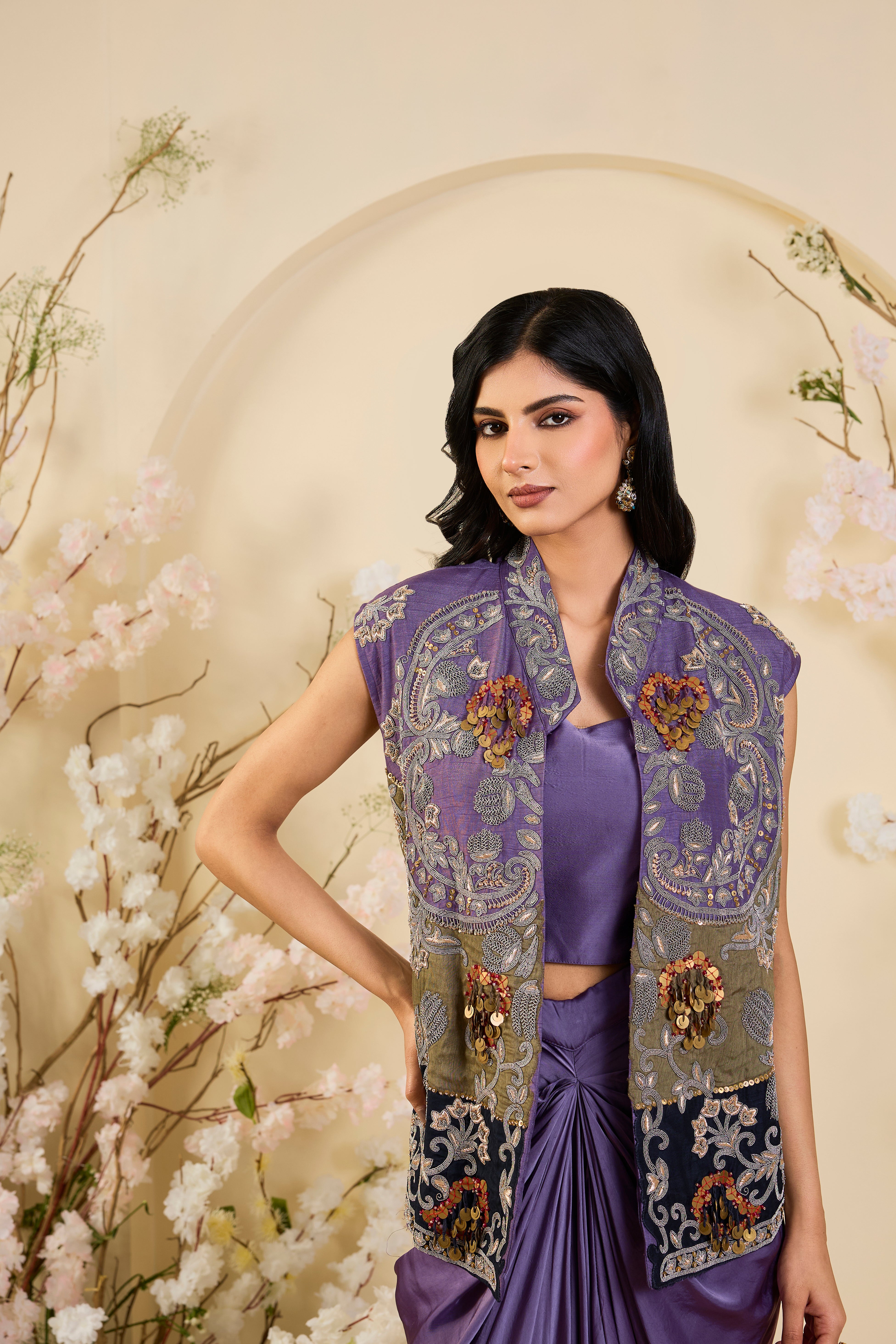 Amethyst Opulence: The Draped Vest Ensemble