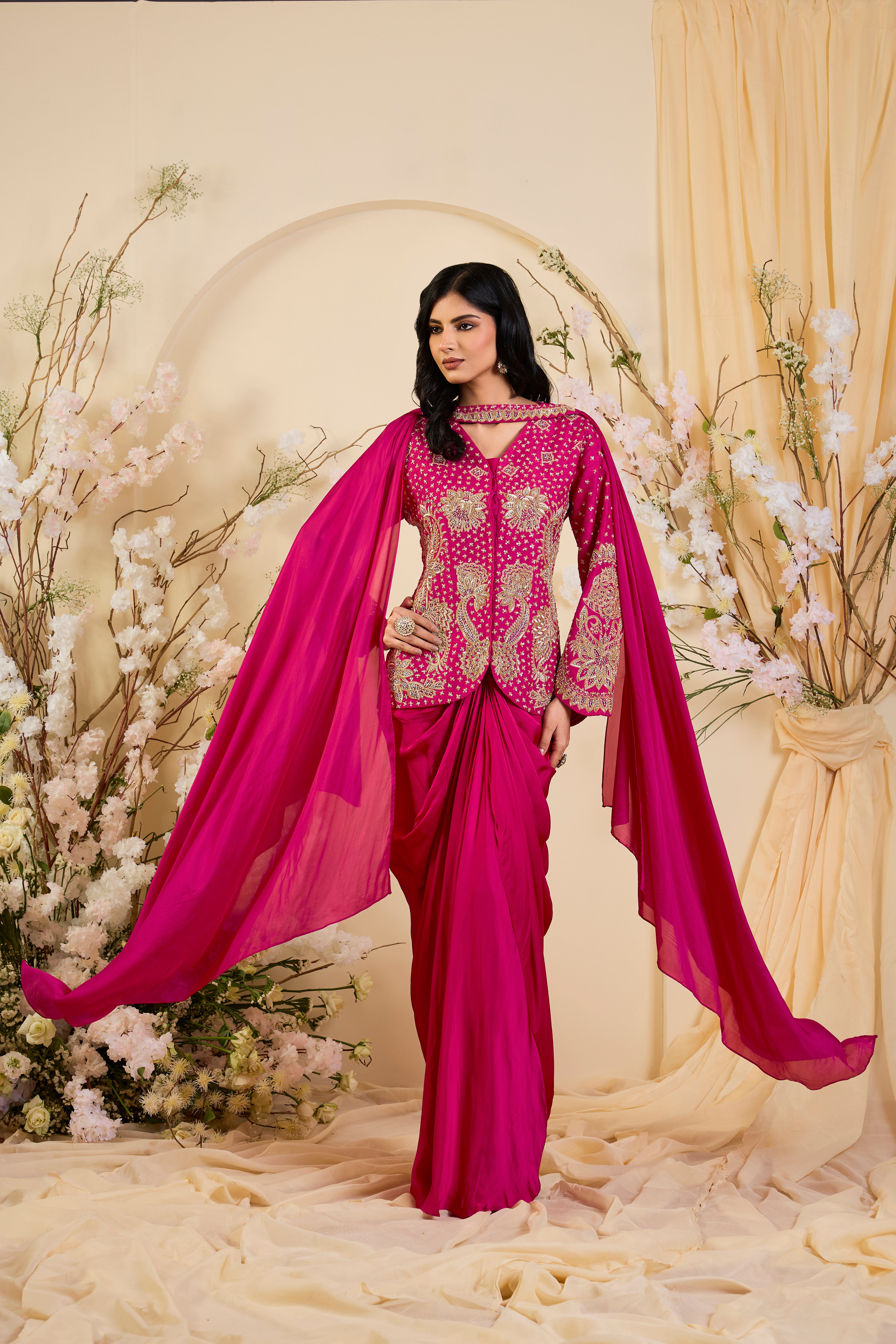 Rani Radiance: Regal Jacket Set with Sculpted Drape