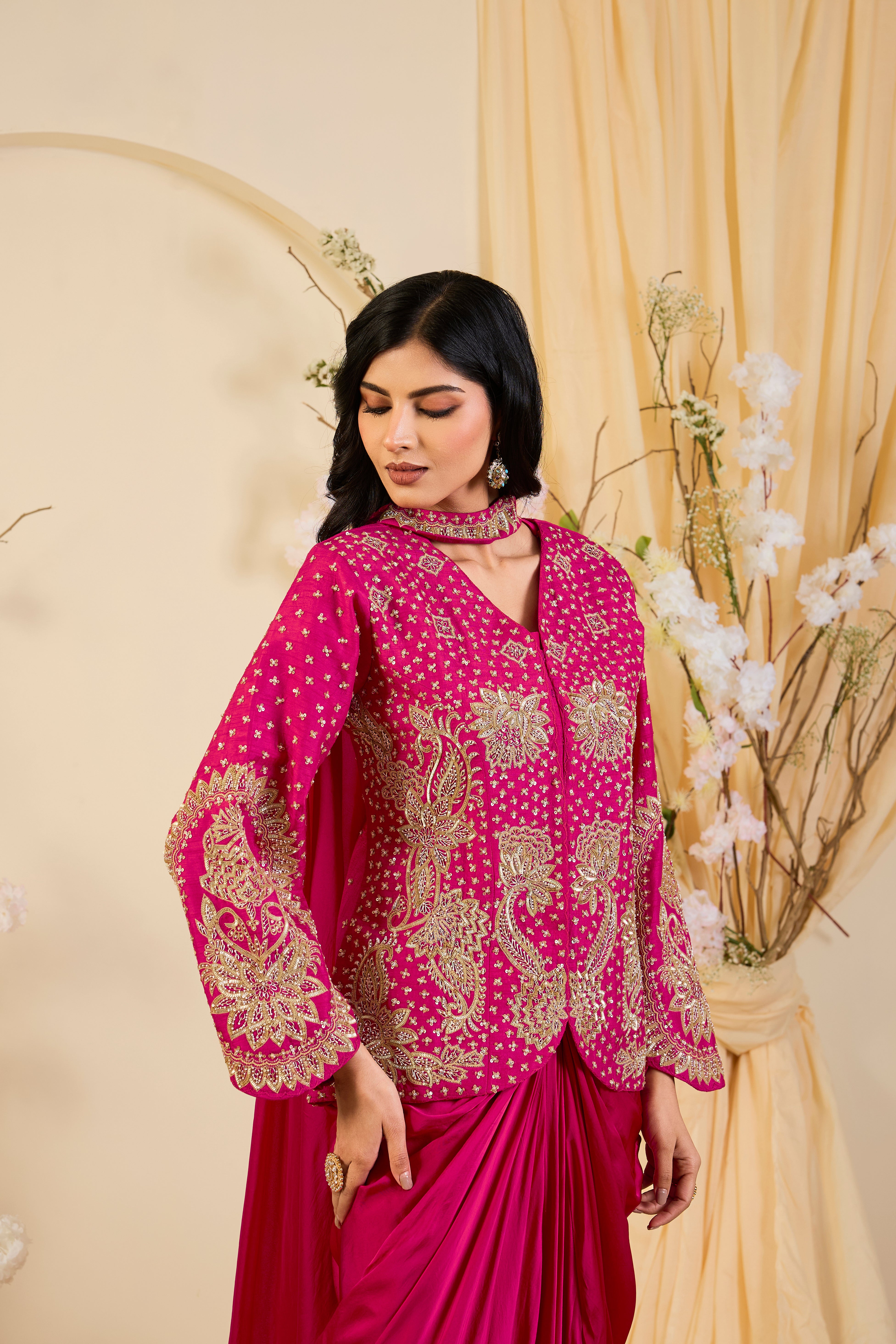 Rani Radiance: Regal Jacket Set with Sculpted Drape