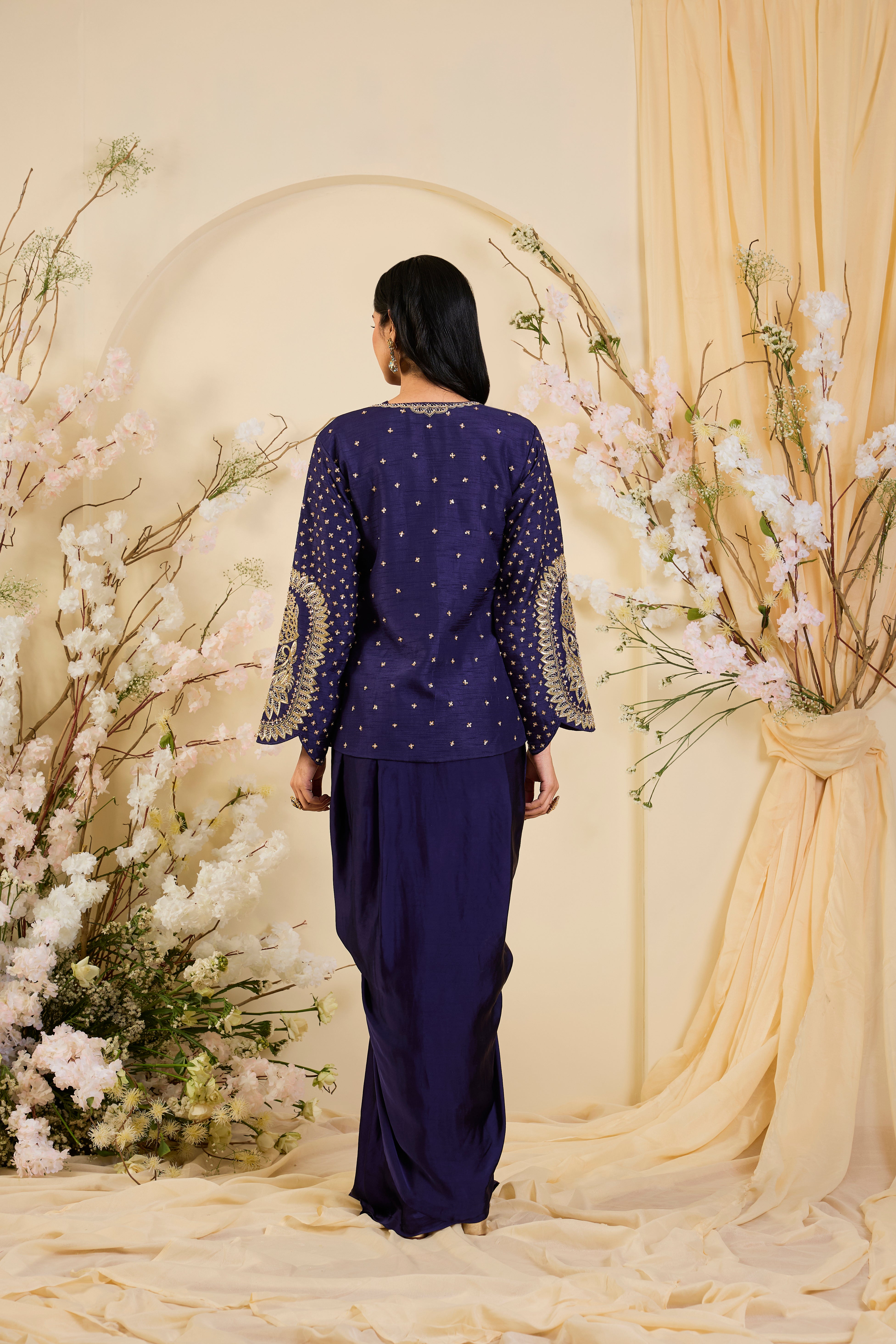 Midnight Majesty: Embroidered Jacket Ensemble with Draped Silhouette