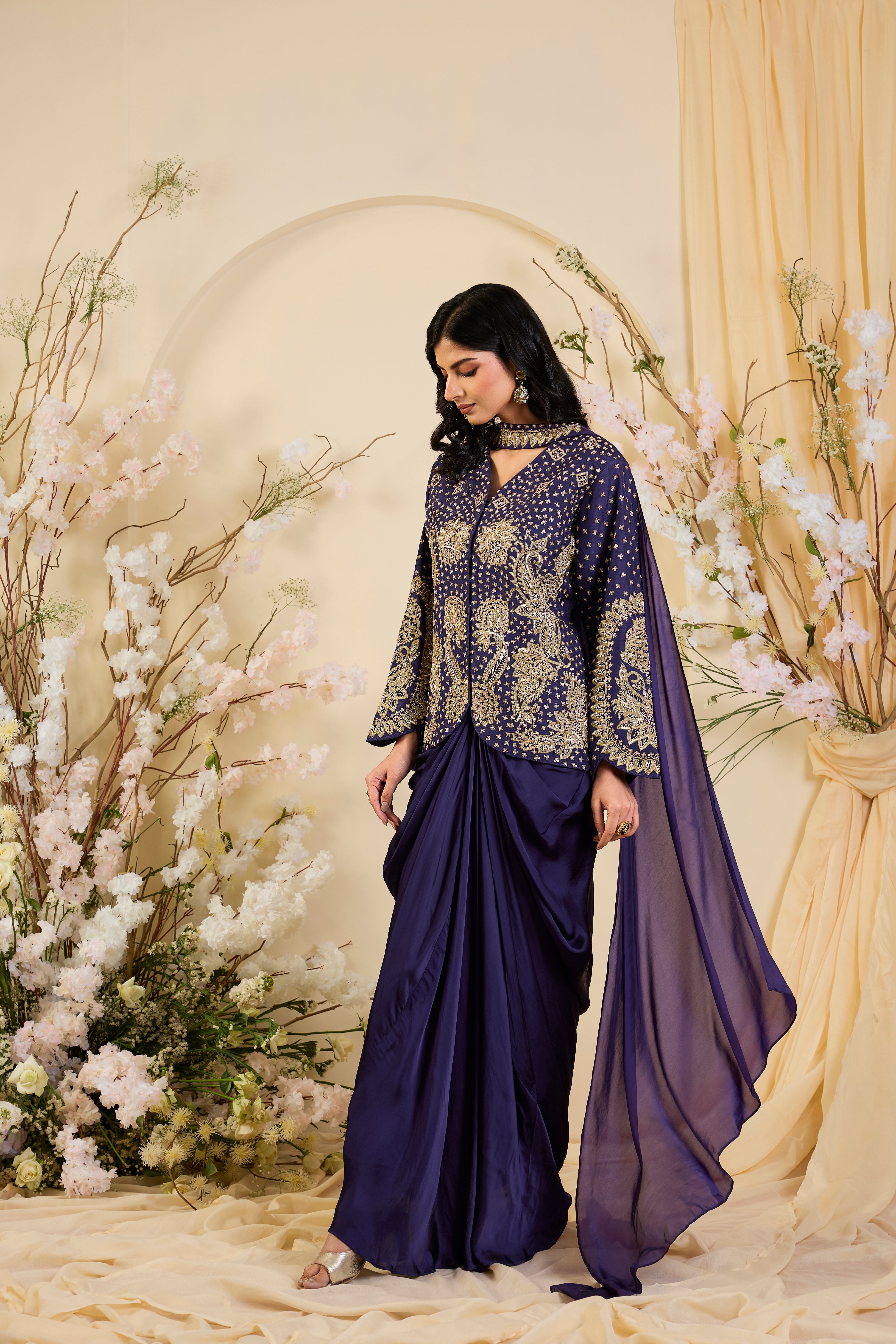 Midnight Majesty: Embroidered Jacket Ensemble with Draped Silhouette