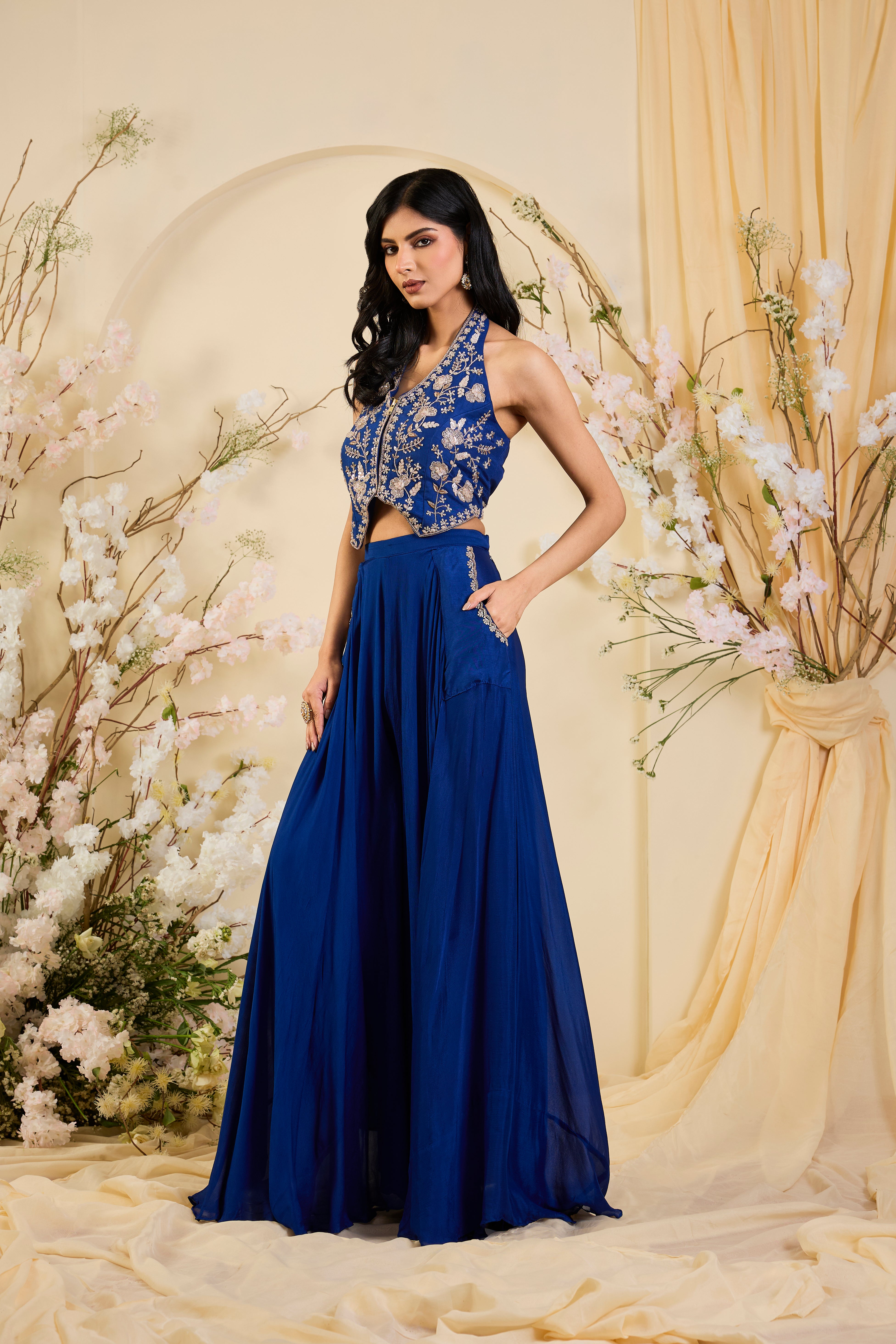 Cobalt Muse: Embroidered Halter Blouse with Fluid Palazzo Silhouette