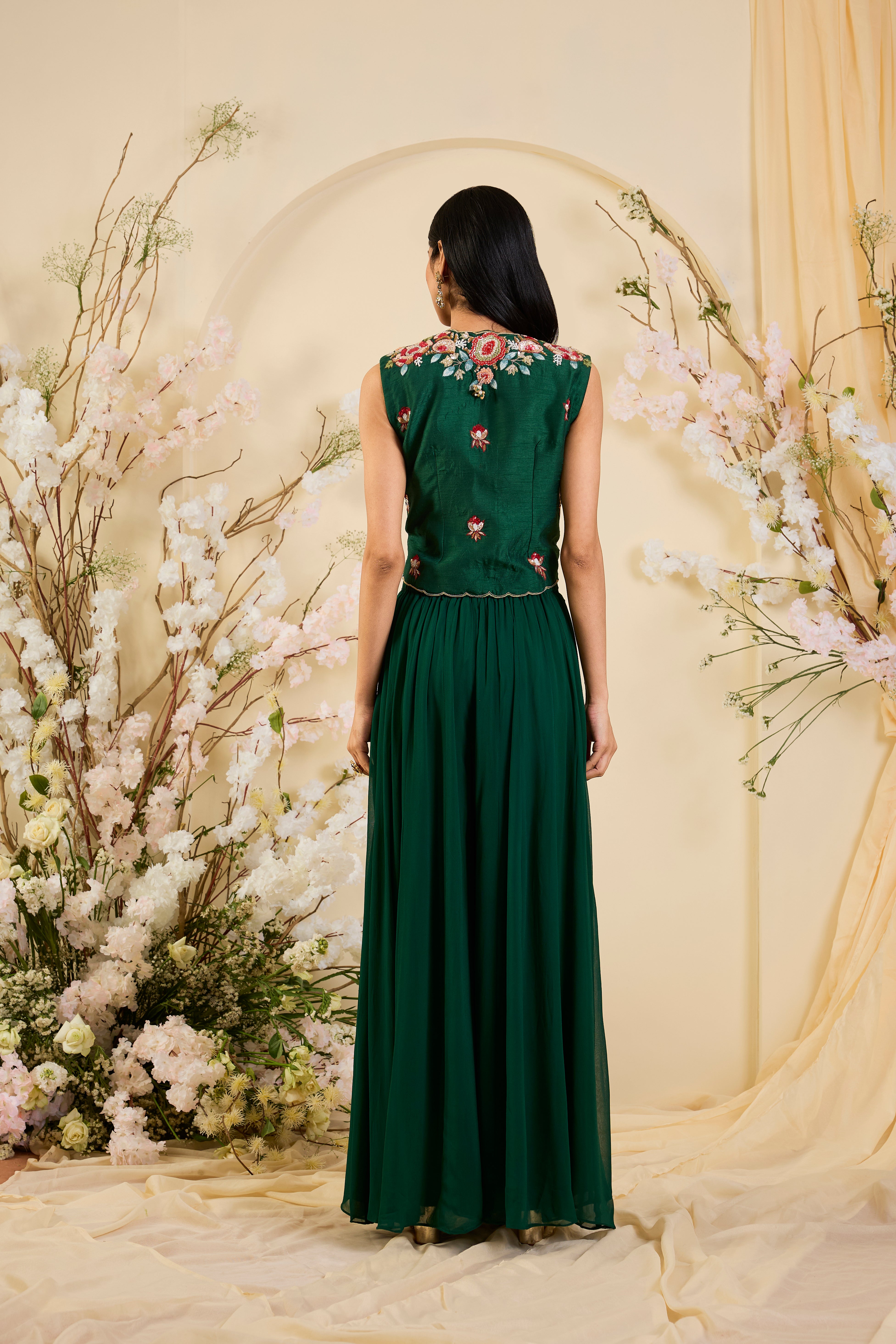 Emerald Bloom Co-ord Set with Intricately Embroidered Floral Jacket & Fluid Palazzo Silhouette