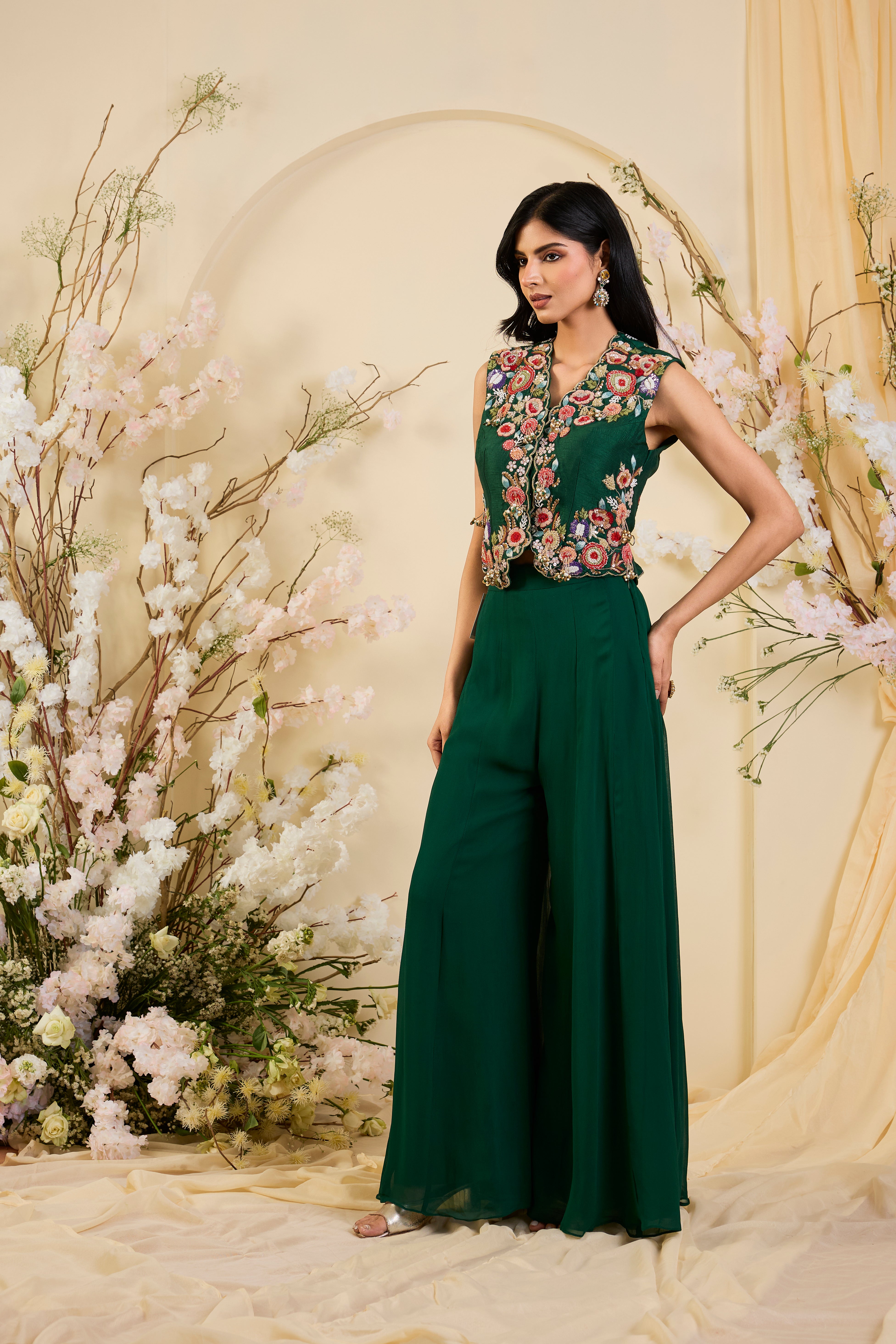 Emerald Bloom Co-ord Set with Intricately Embroidered Floral Jacket & Fluid Palazzo Silhouette