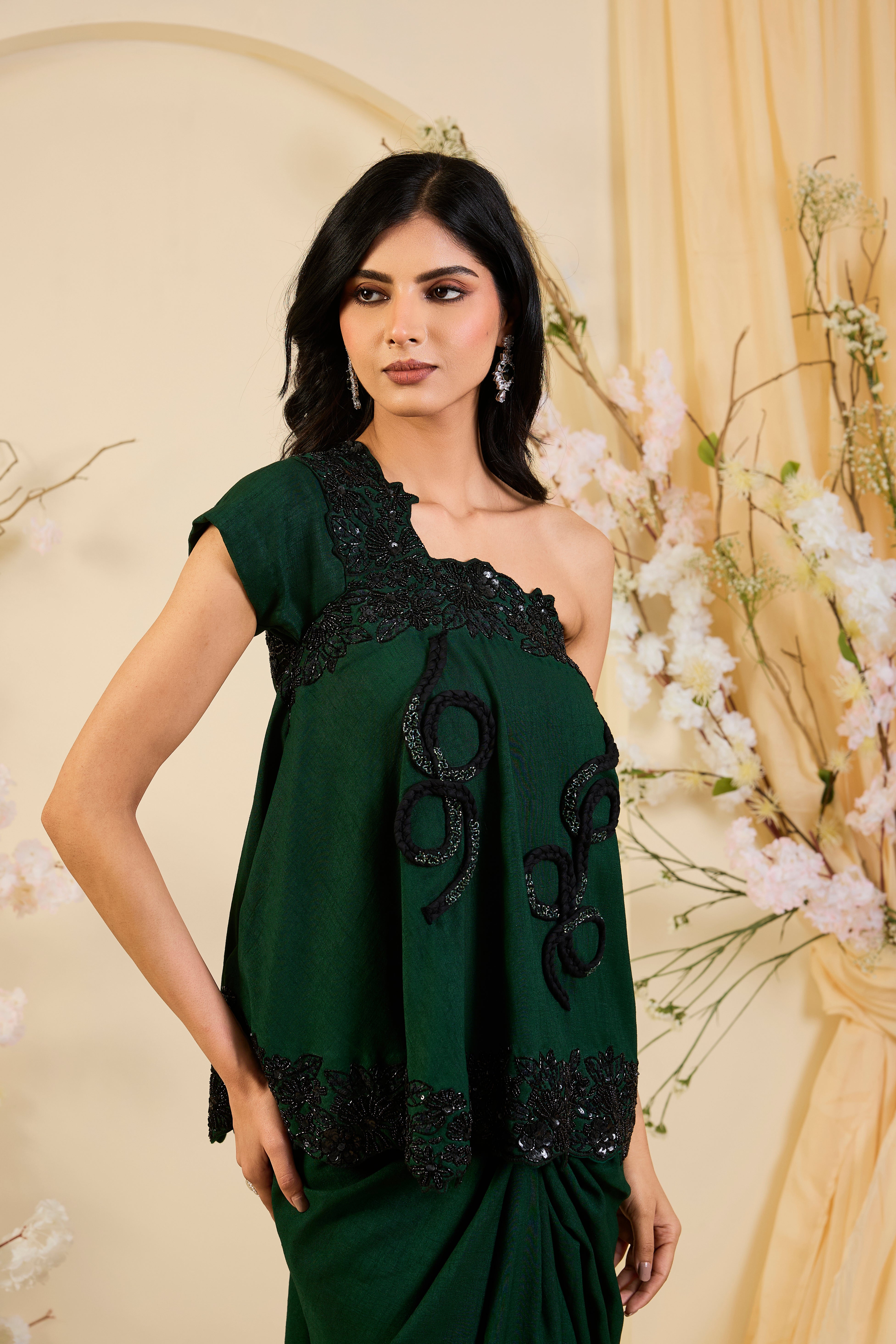 Emerald Drape Skirt set with Sculpted One-Shoulder Cape & Noir Embellished Artistry