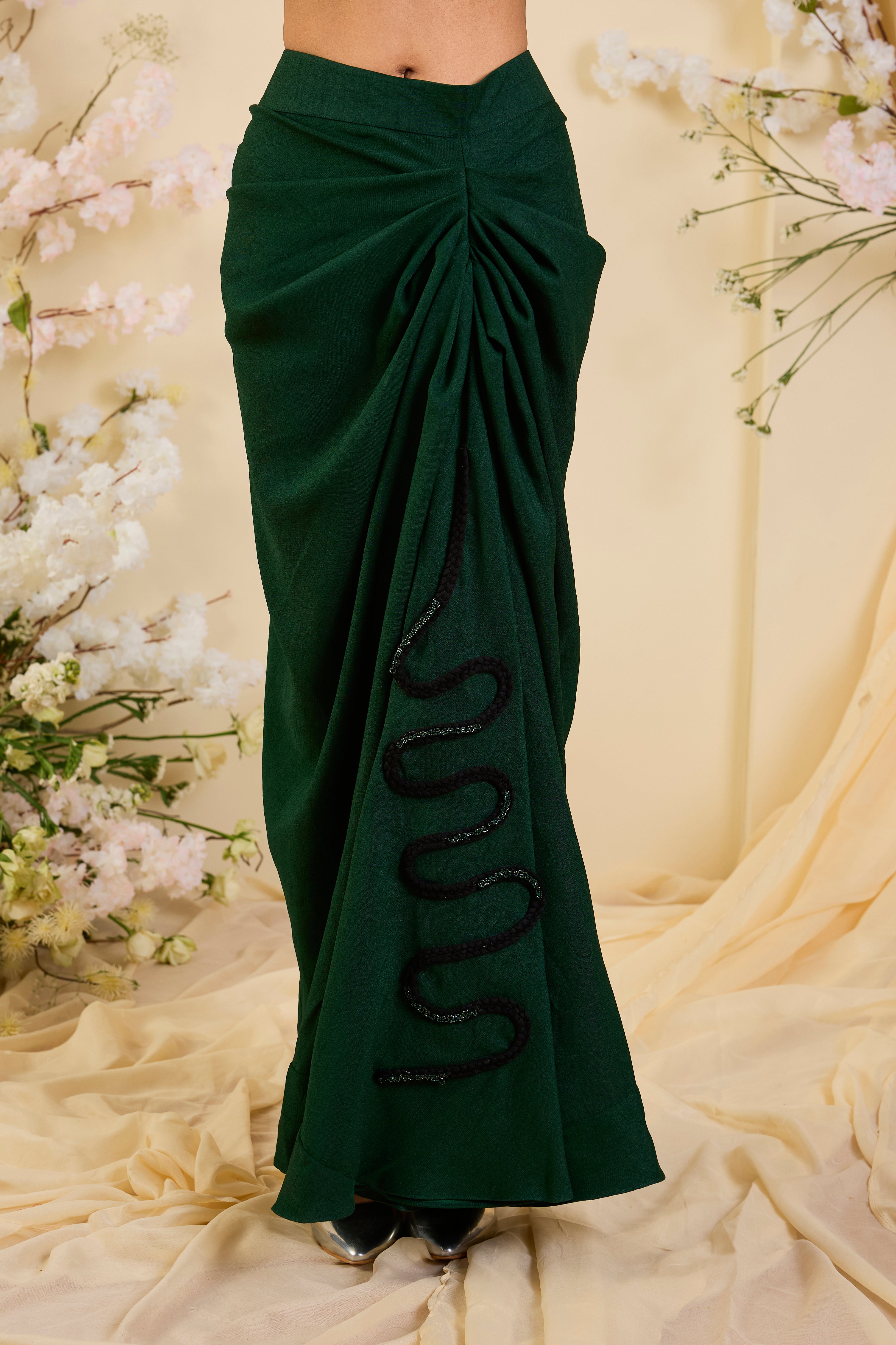 Emerald Drape Skirt set with Sculpted One-Shoulder Cape & Noir Embellished Artistry